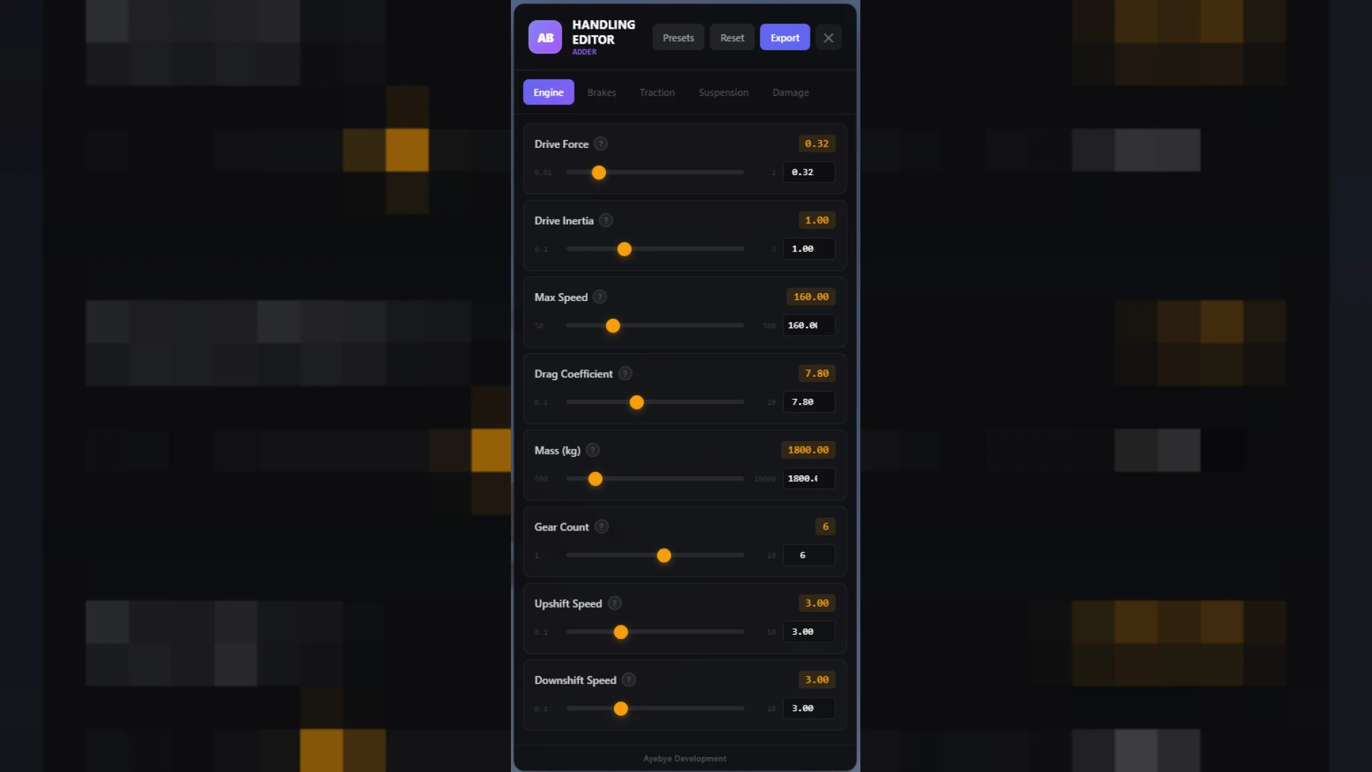 AB Handling Editor FiveM handling editor — live vehicle tuning panel in-game