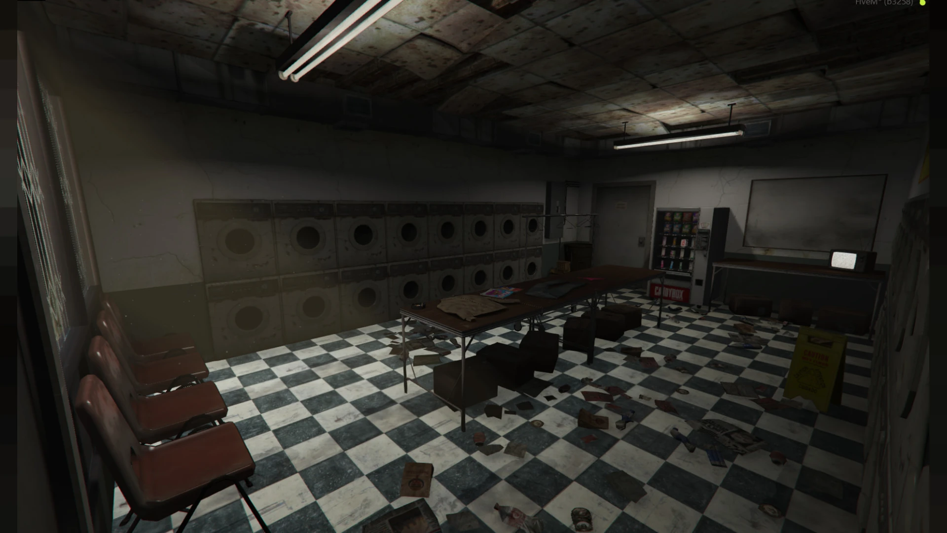 Abandoned laundromat broken machines decay and back room interior in FiveM