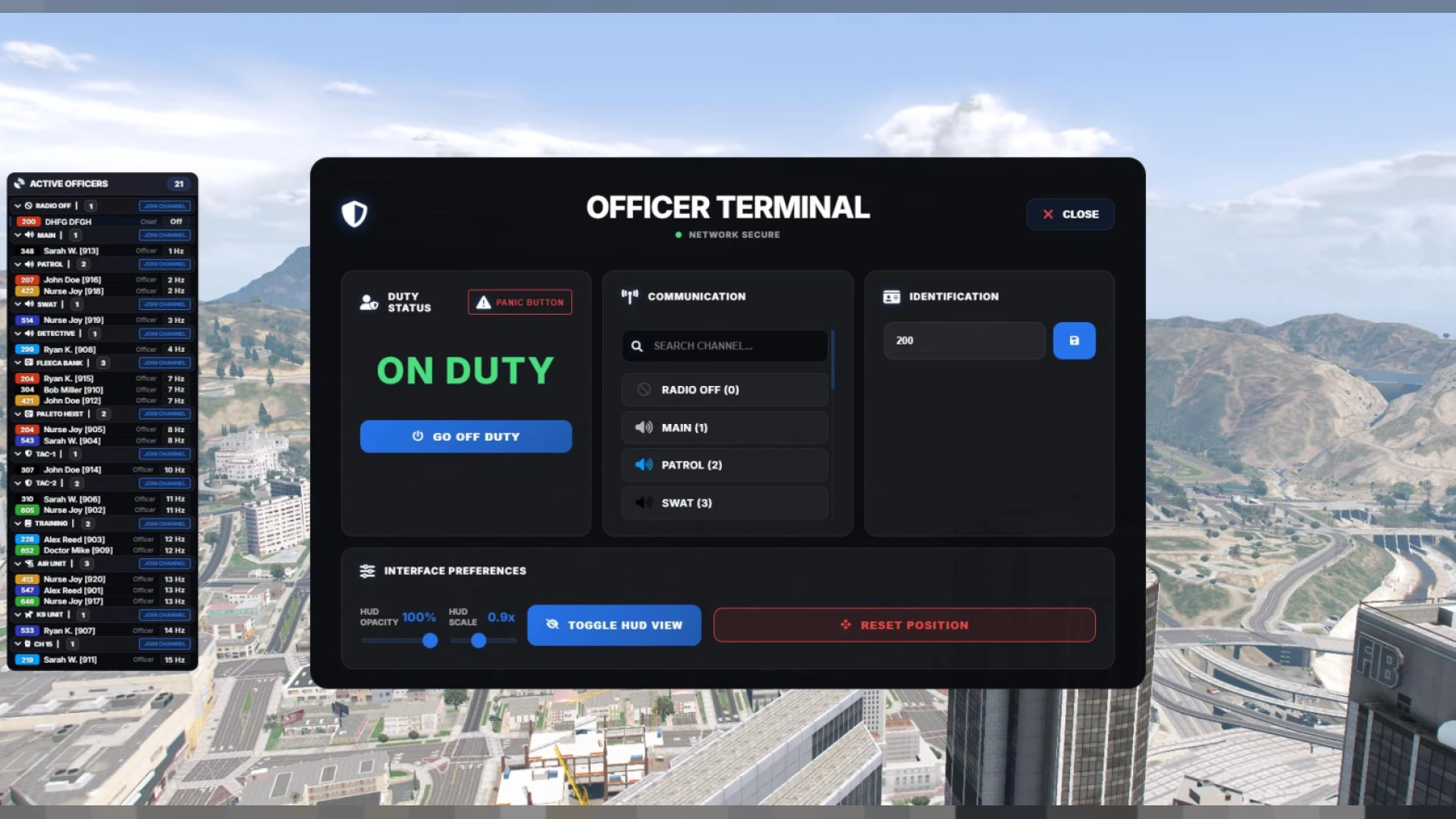 Active officers list panel showing on-duty police in FiveM