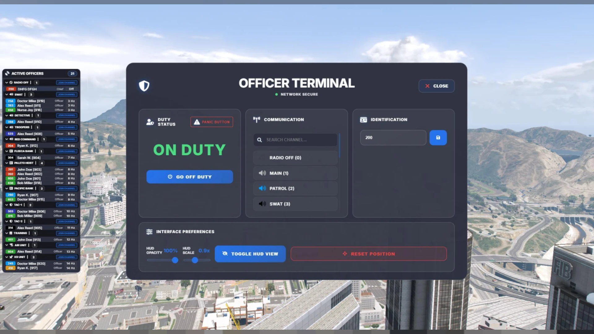 Active officers list panel showing on-duty police in FiveM — view 2