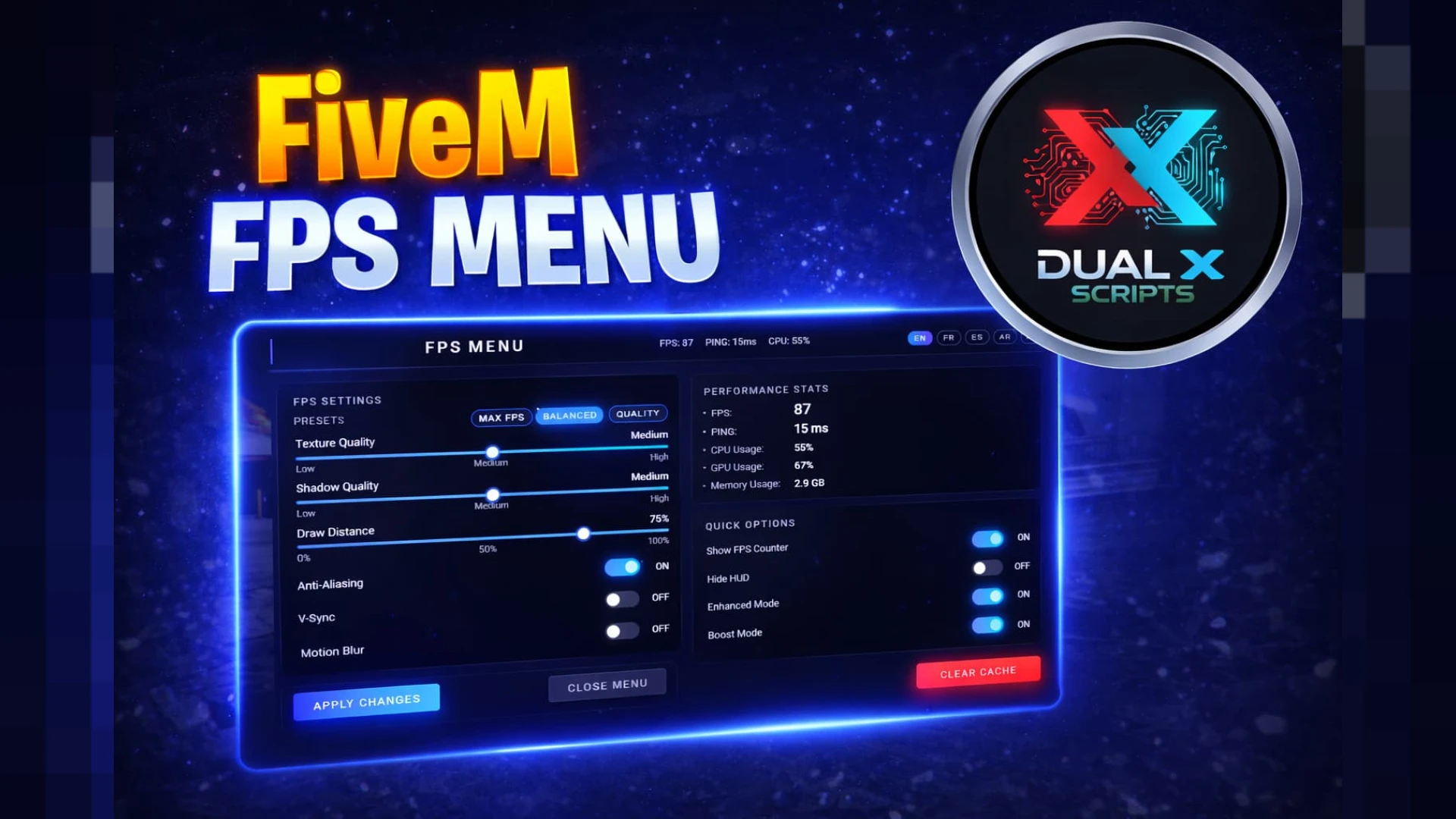 FPS boost menu with performance presets open in FiveM