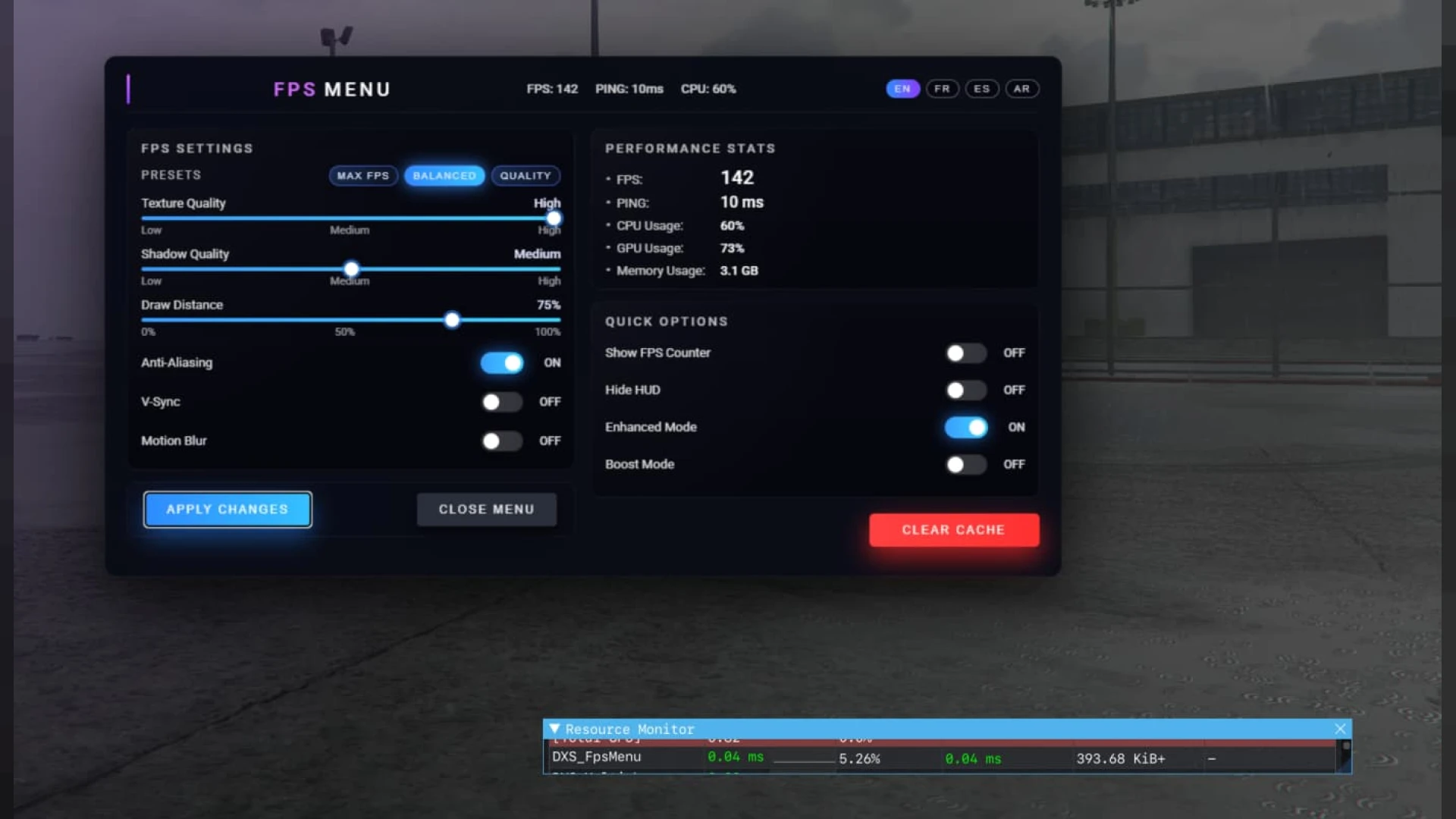 FPS boost menu with performance presets open in FiveM — view 2