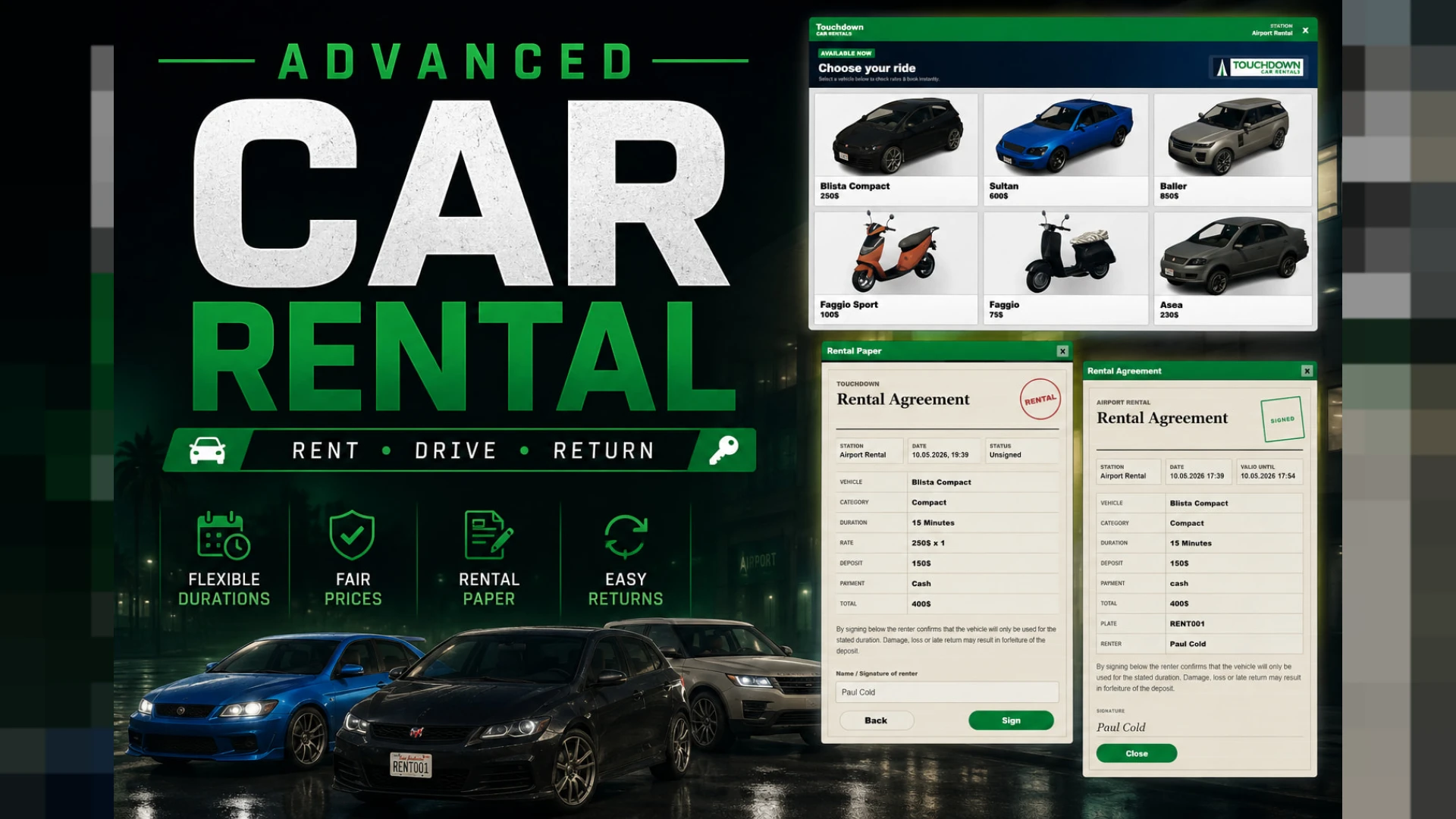 Advanced car rental system UI with vehicles and rental NPC