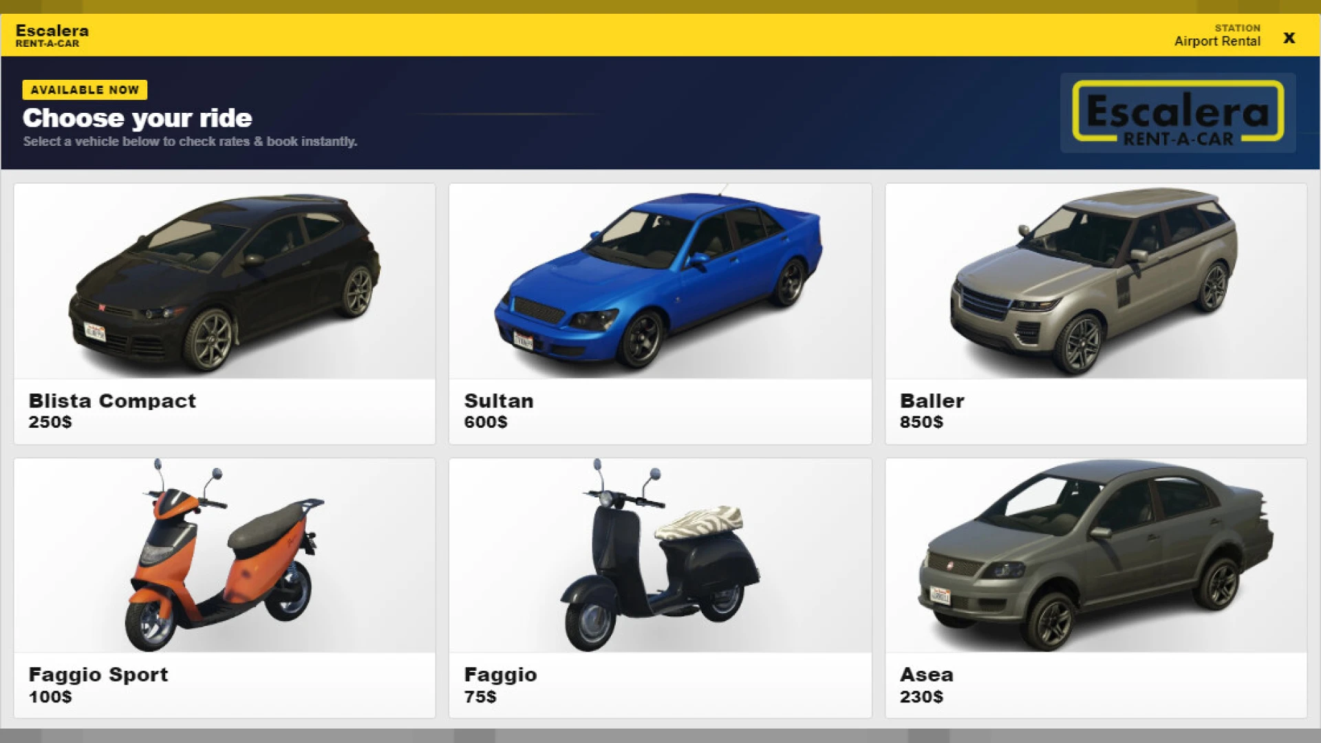 Advanced car rental system UI with vehicles and rental NPC — view 2