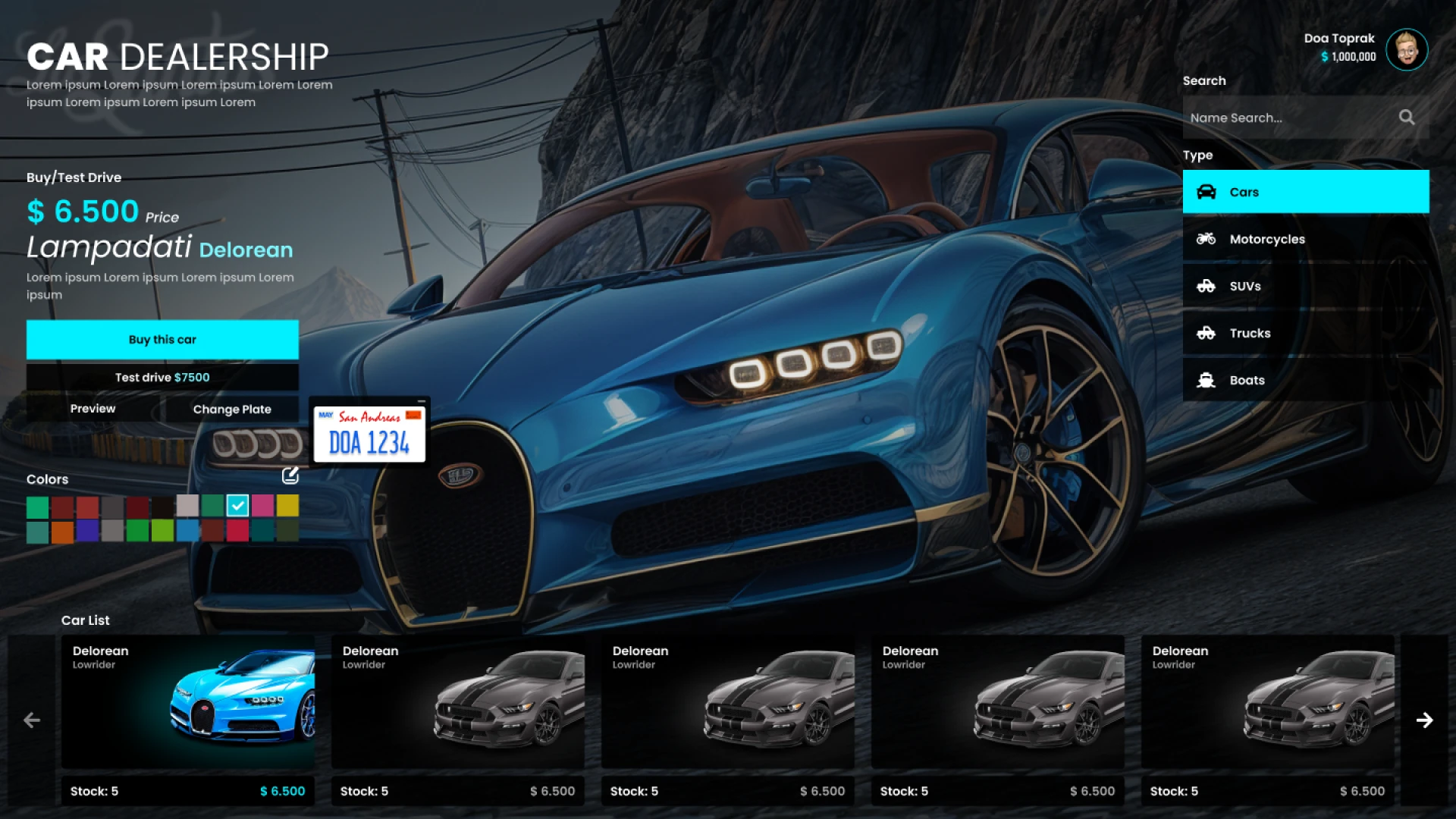 Advanced car shop system showroom with vehicles displayed for purchase in FiveM