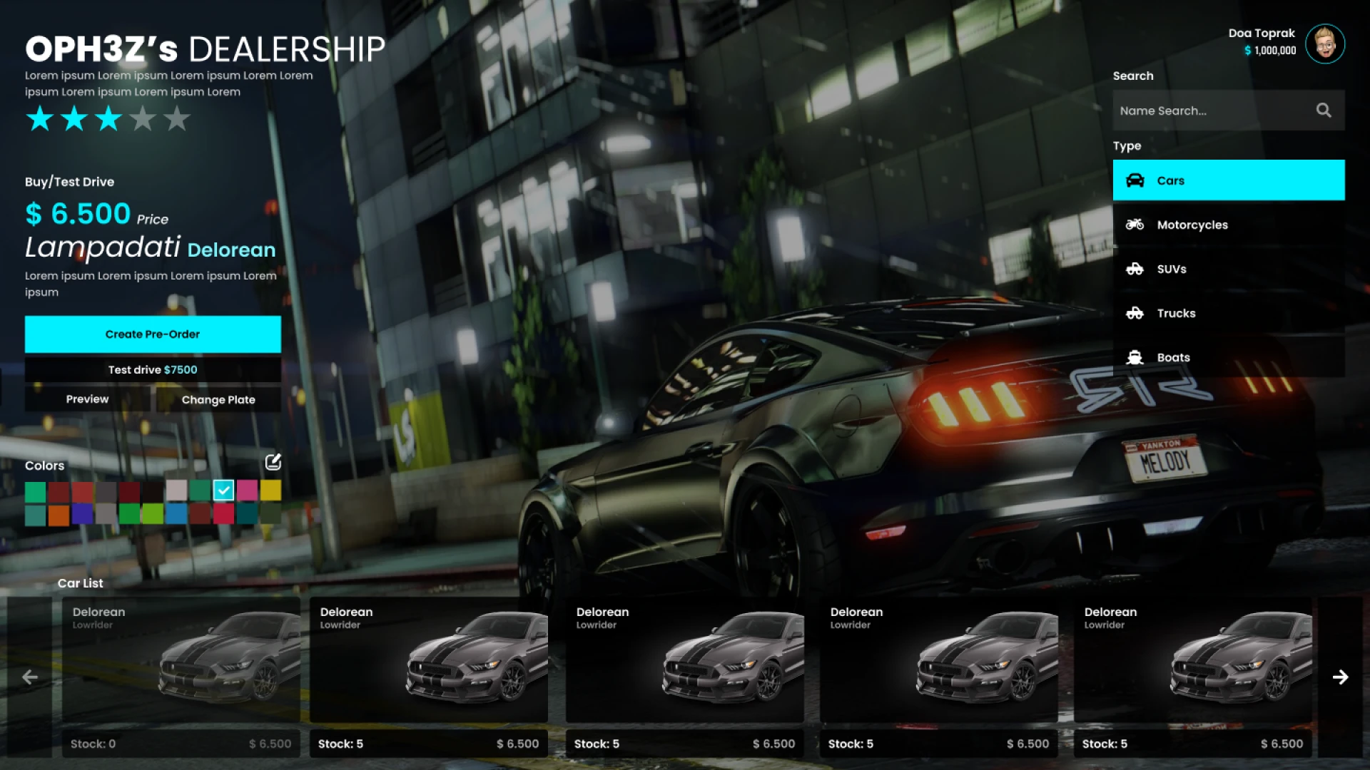Advanced car shop system showroom with vehicles displayed for purchase in FiveM — view 2