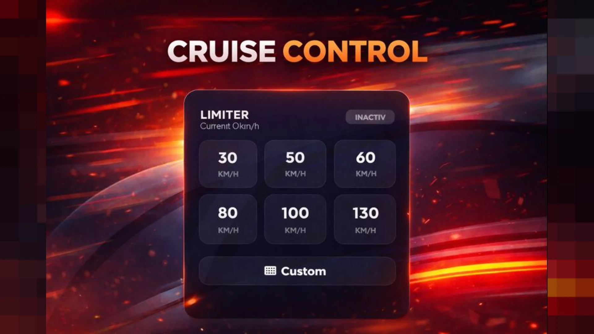 Cruise control menu NUI with preset speed cards in a FiveM vehicle