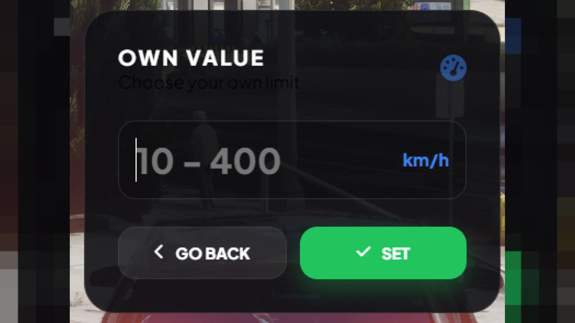 Cruise control menu NUI with preset speed cards in a FiveM vehicle — view 2