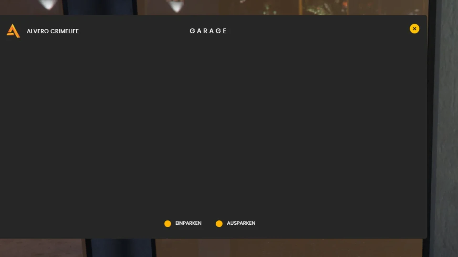 Alvaro garage system storage menu with vehicle list on a FiveM server