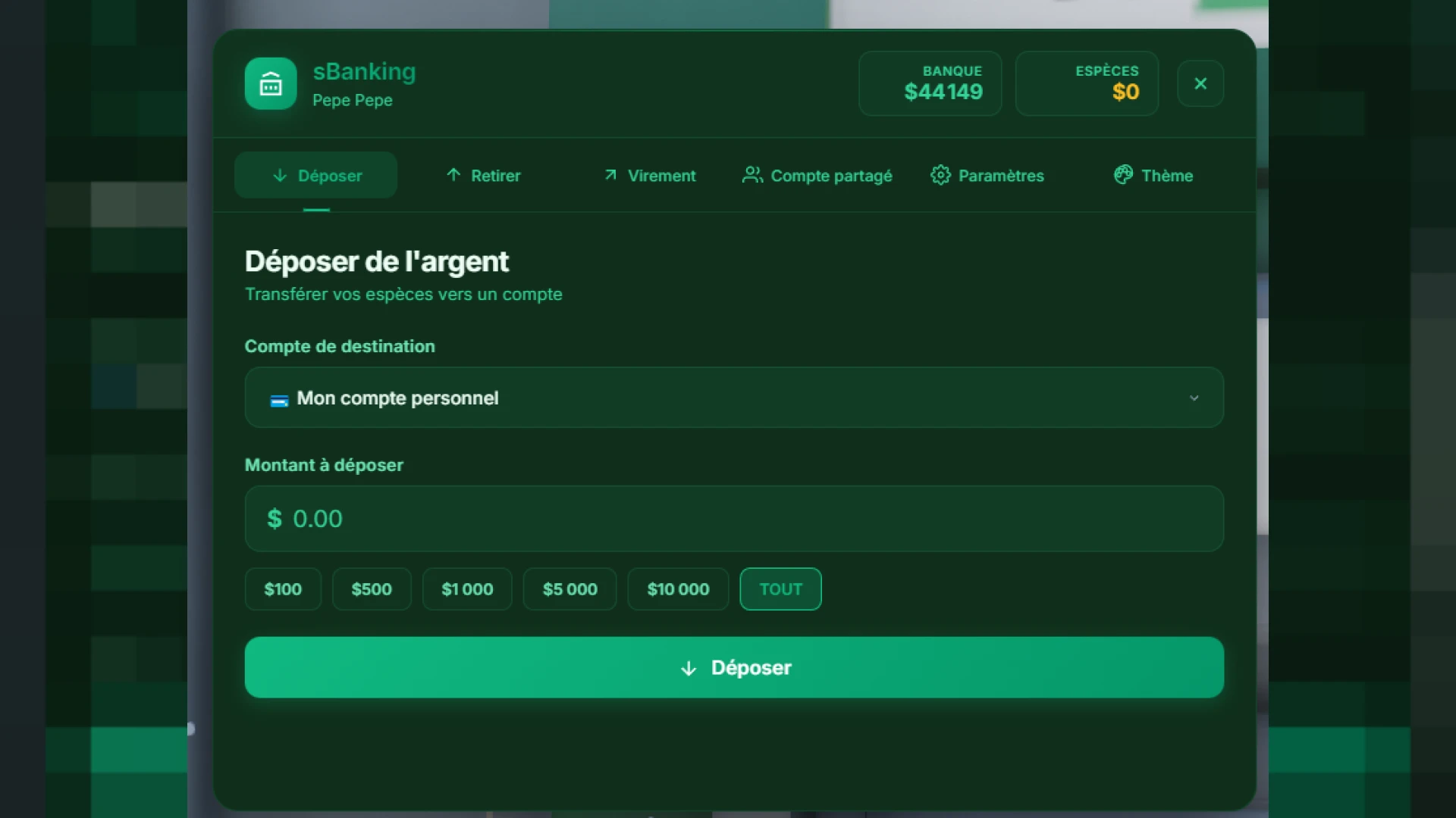 FiveM banking system UI with credit card and account balances