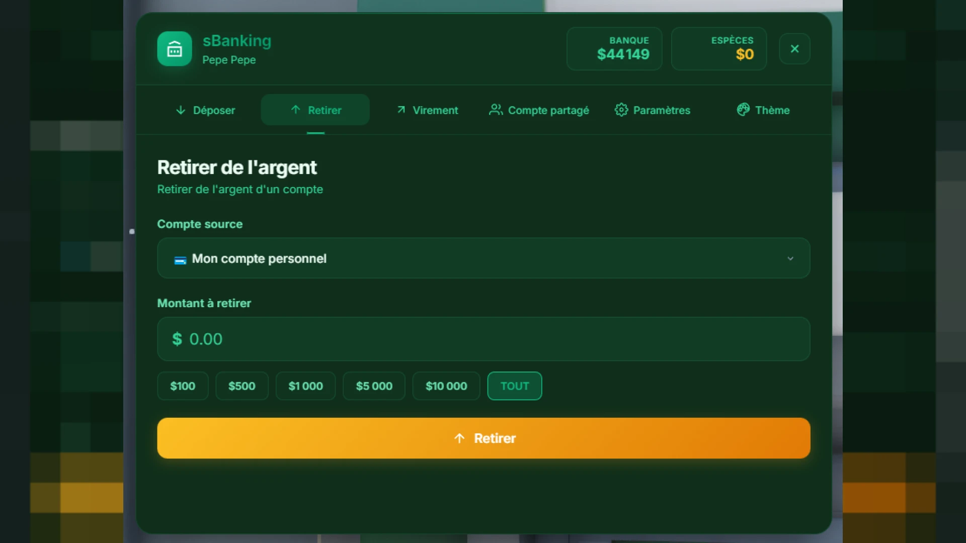 FiveM banking system UI with credit card and account balances — view 2