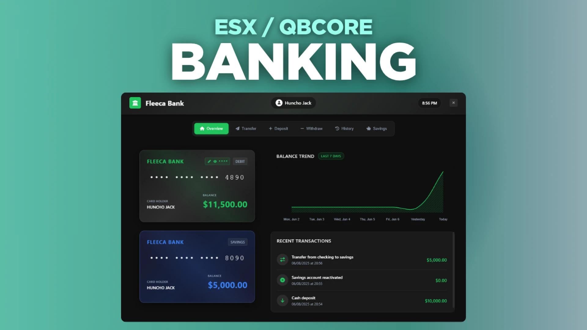Banking System FiveM banking script — modern bank interface with accounts