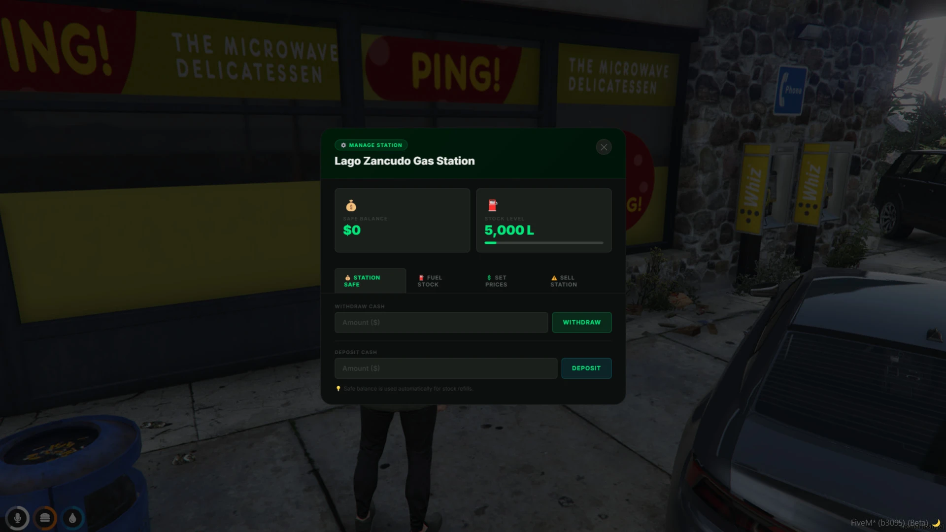 BazuFix fuel script refuelling a car at a FiveM gas station — view 2