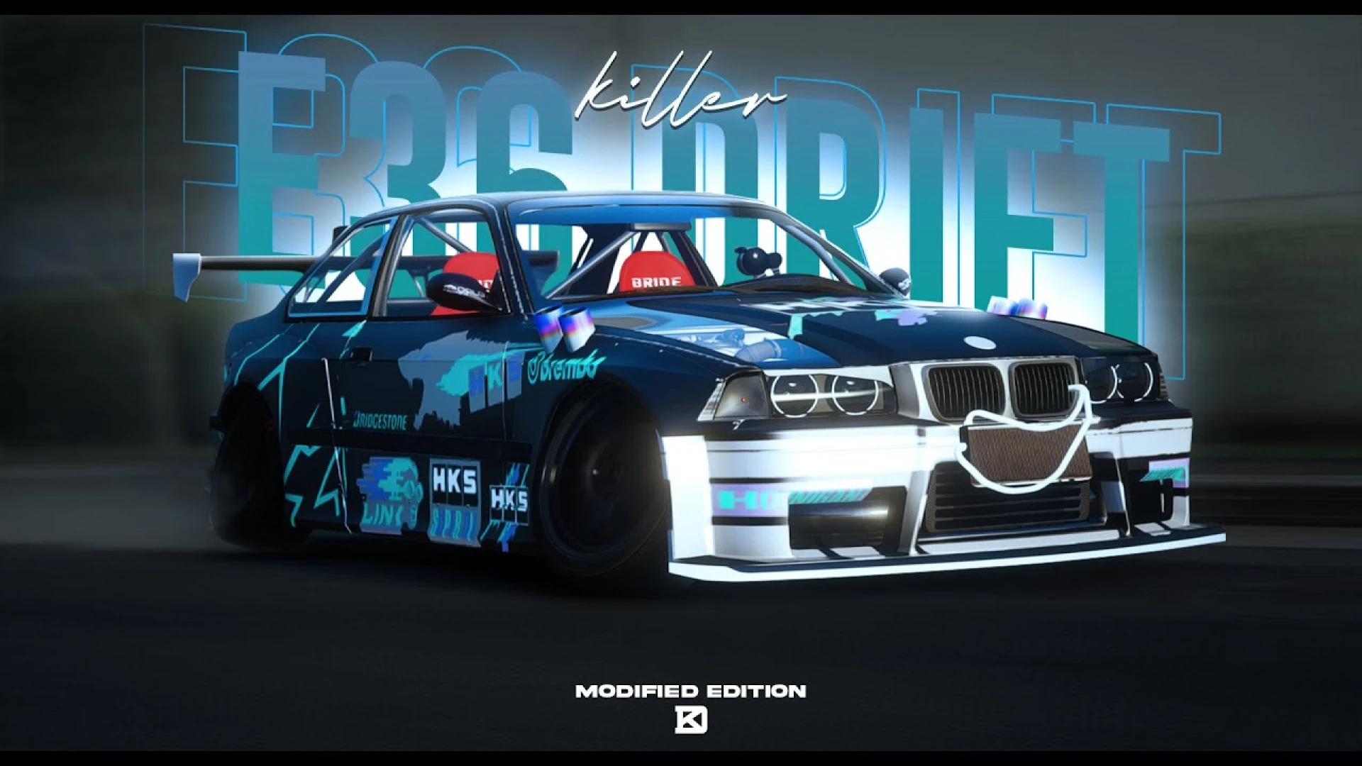 BMW E36 Drift widebody tuner parked in a FiveM garage