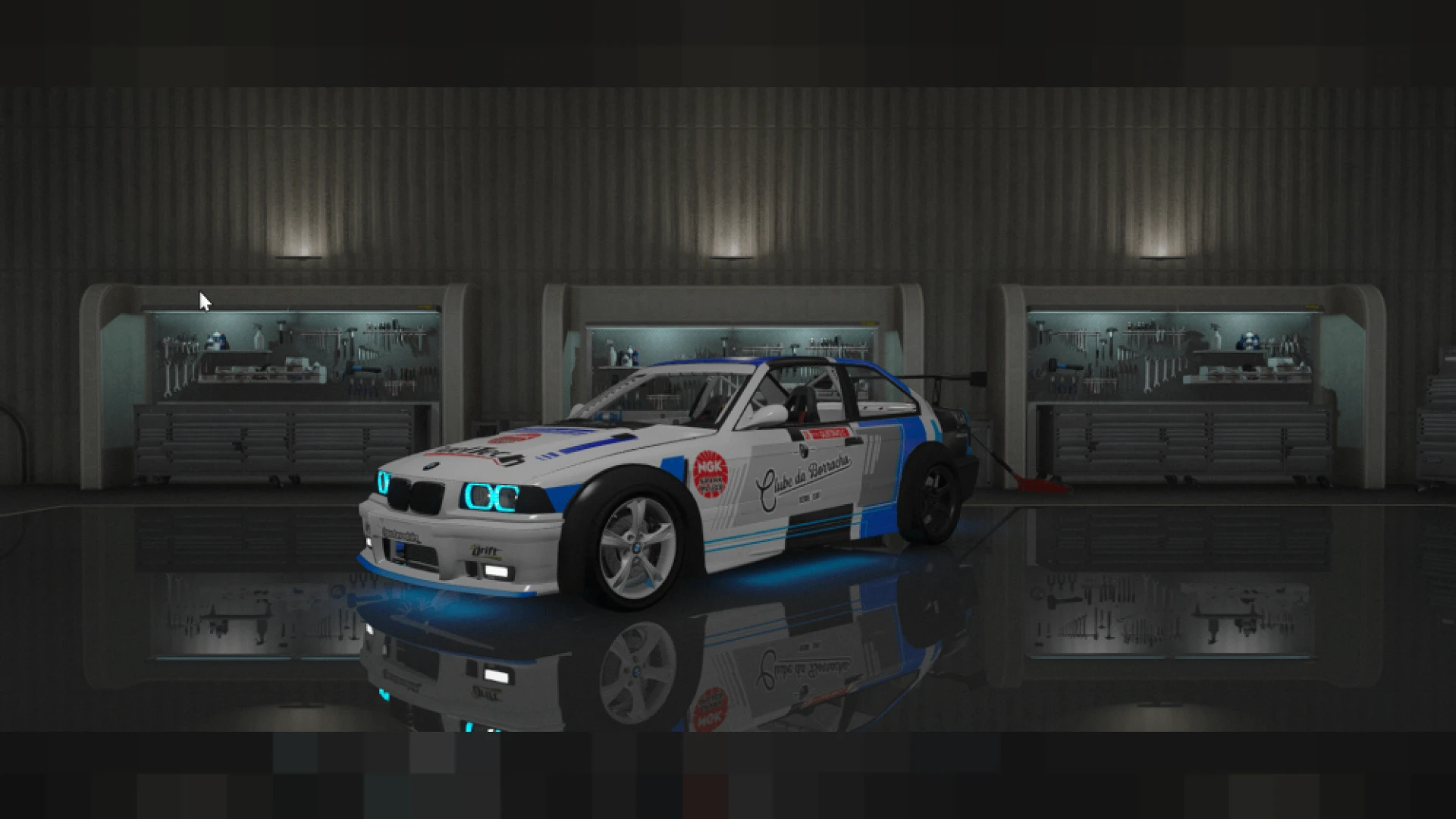 BMW E36 drift widebody car for FiveM sliding through a corner