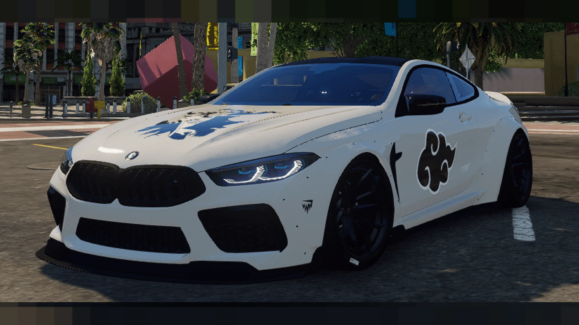 BMW M8 Mansaug in Akatsuki livery shown in a FiveM showroom
