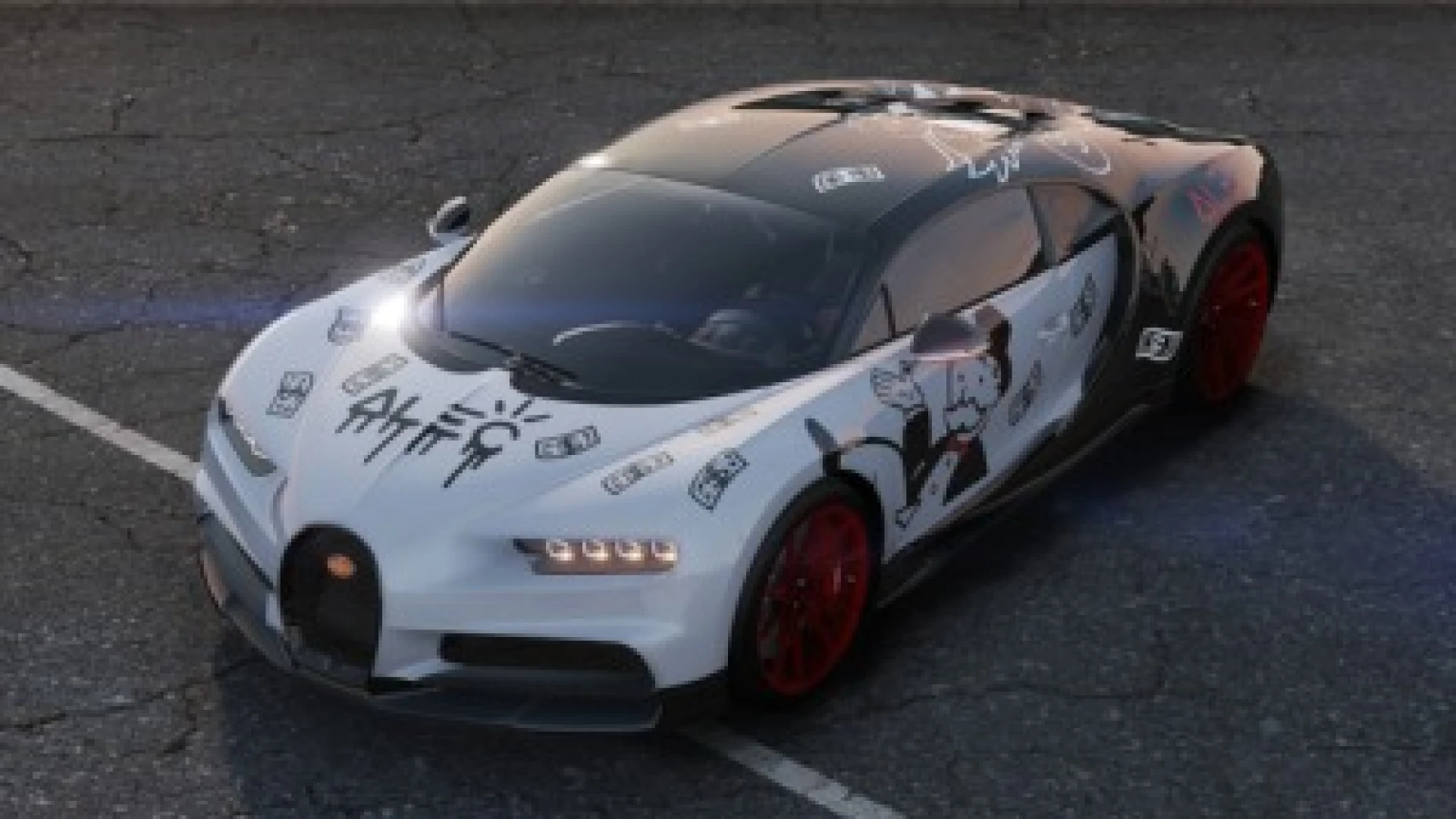 Bugatti Chiron with a graffiti wrap parked in a FiveM city center