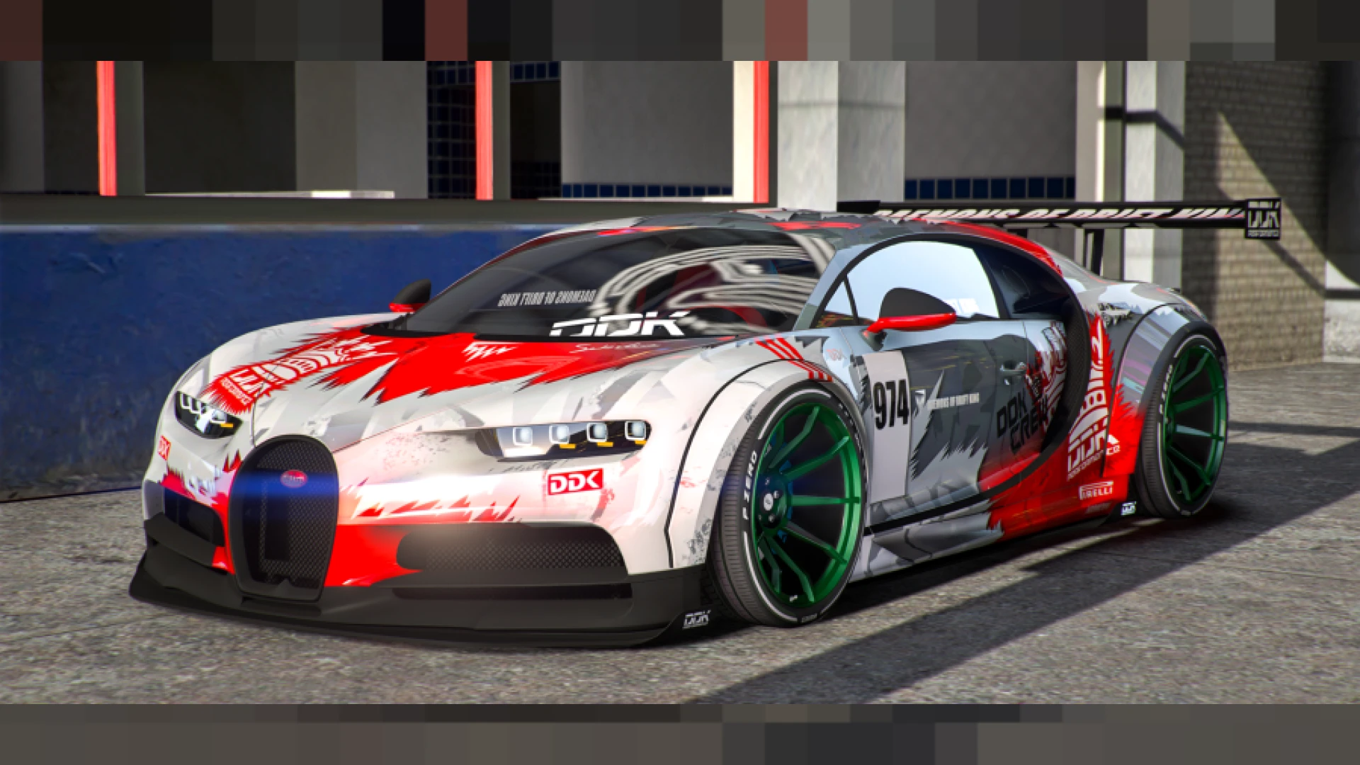 Bugatti Chiron Liberty Walk widebody hypercar in a FiveM garage