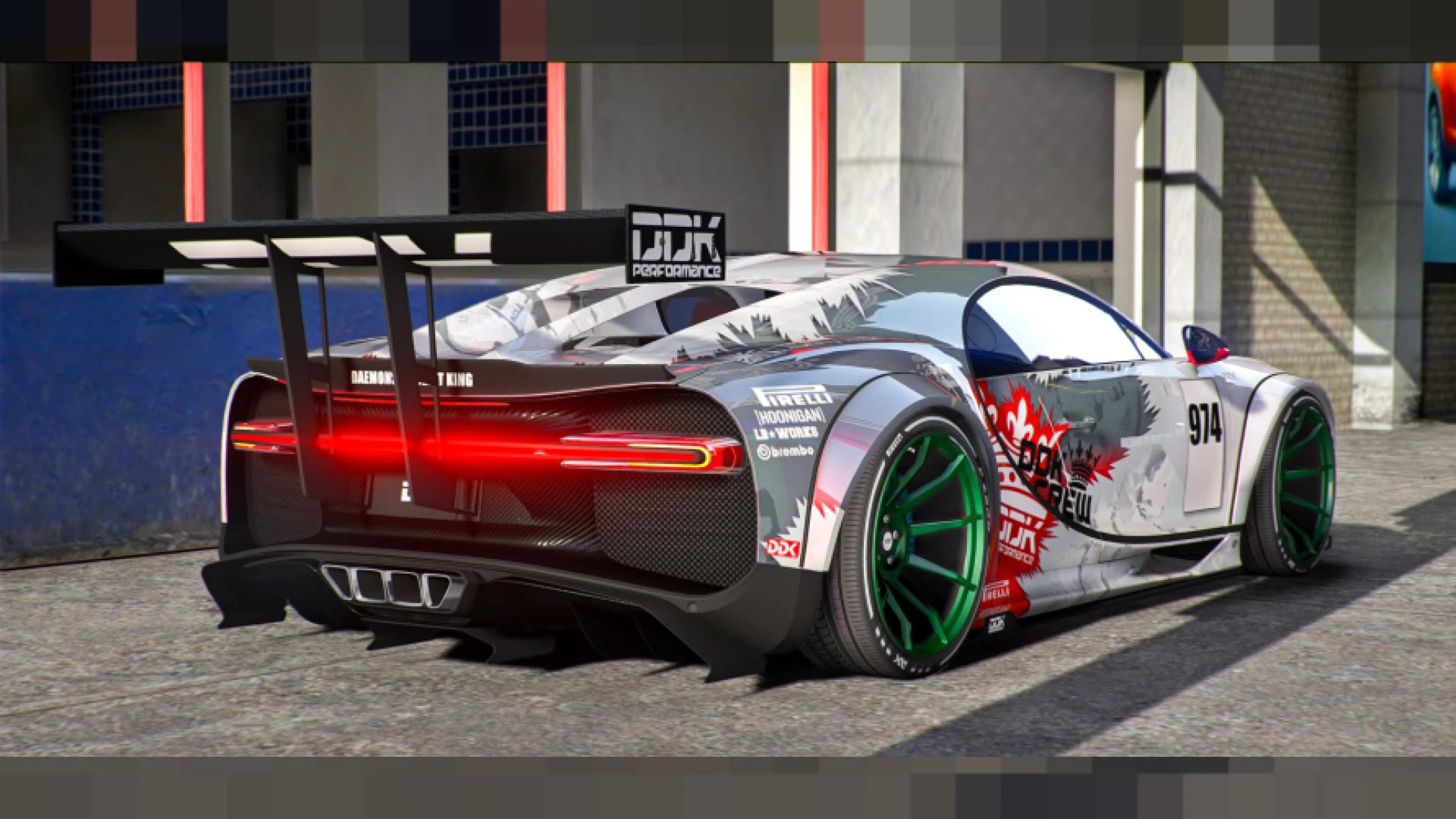 Bugatti Chiron Liberty Walk widebody hypercar in a FiveM garage — view 2