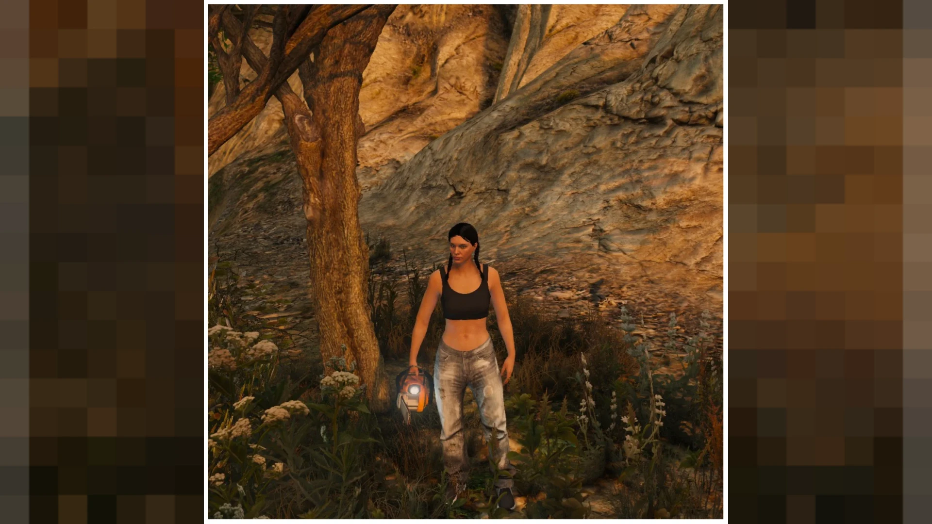 Player performing a chainsaw animation while cutting a log