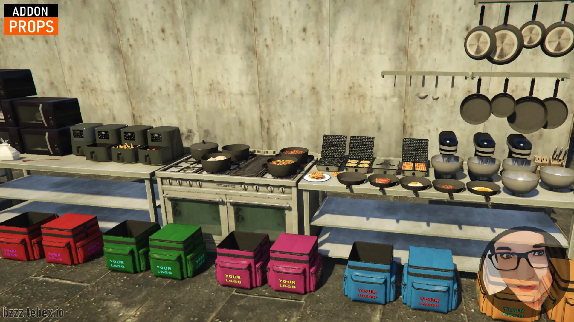 Kitchen props pack with appliances, cookware, and food dressing on counters