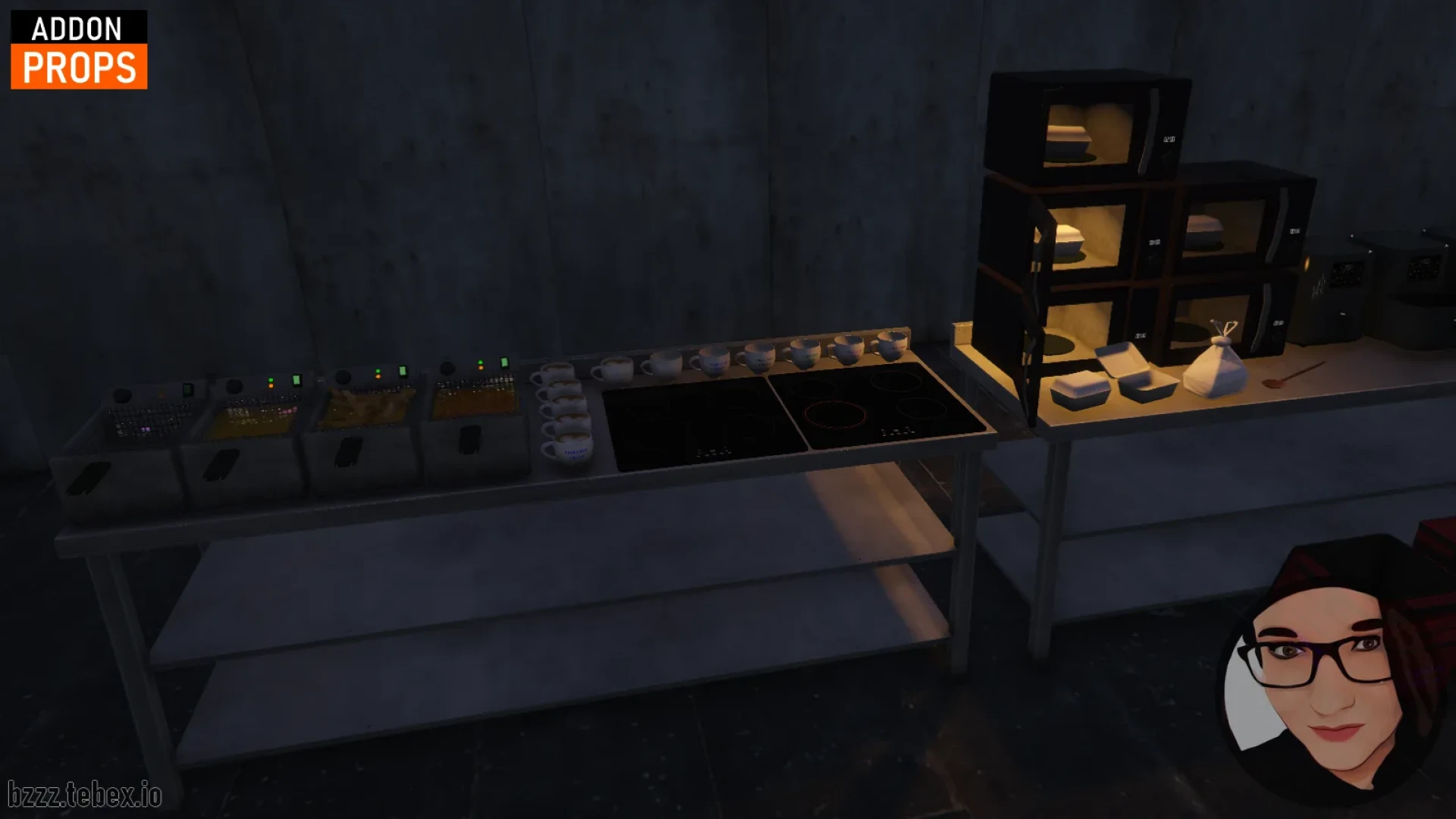 Kitchen props pack with appliances, cookware, and food dressing on counters — view 2