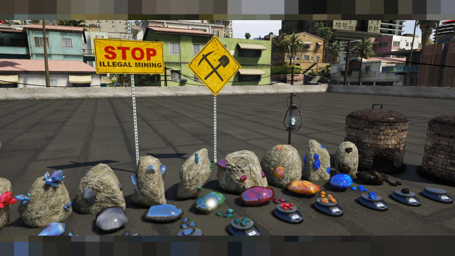 Mining props pack with ore carts, drills, rocks and equipment