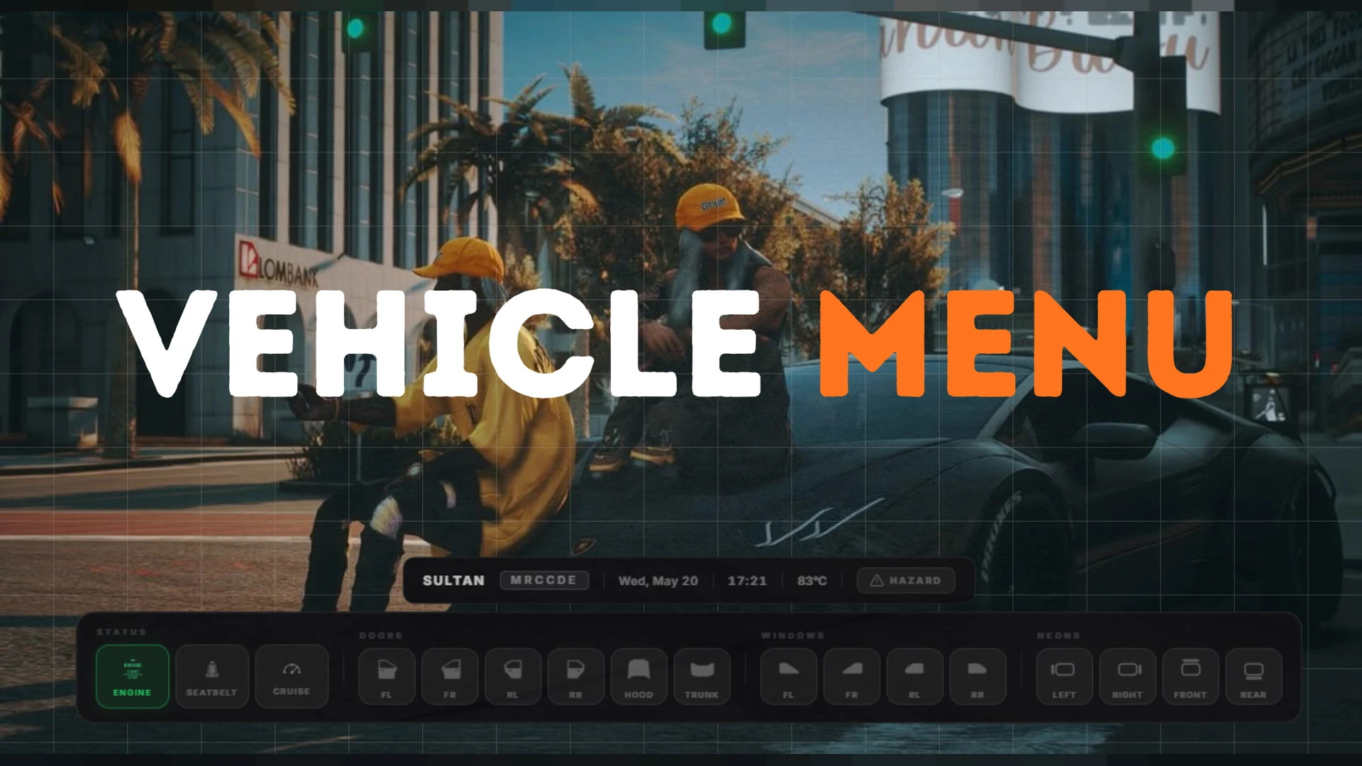 Car control menu NUI open inside a FiveM vehicle