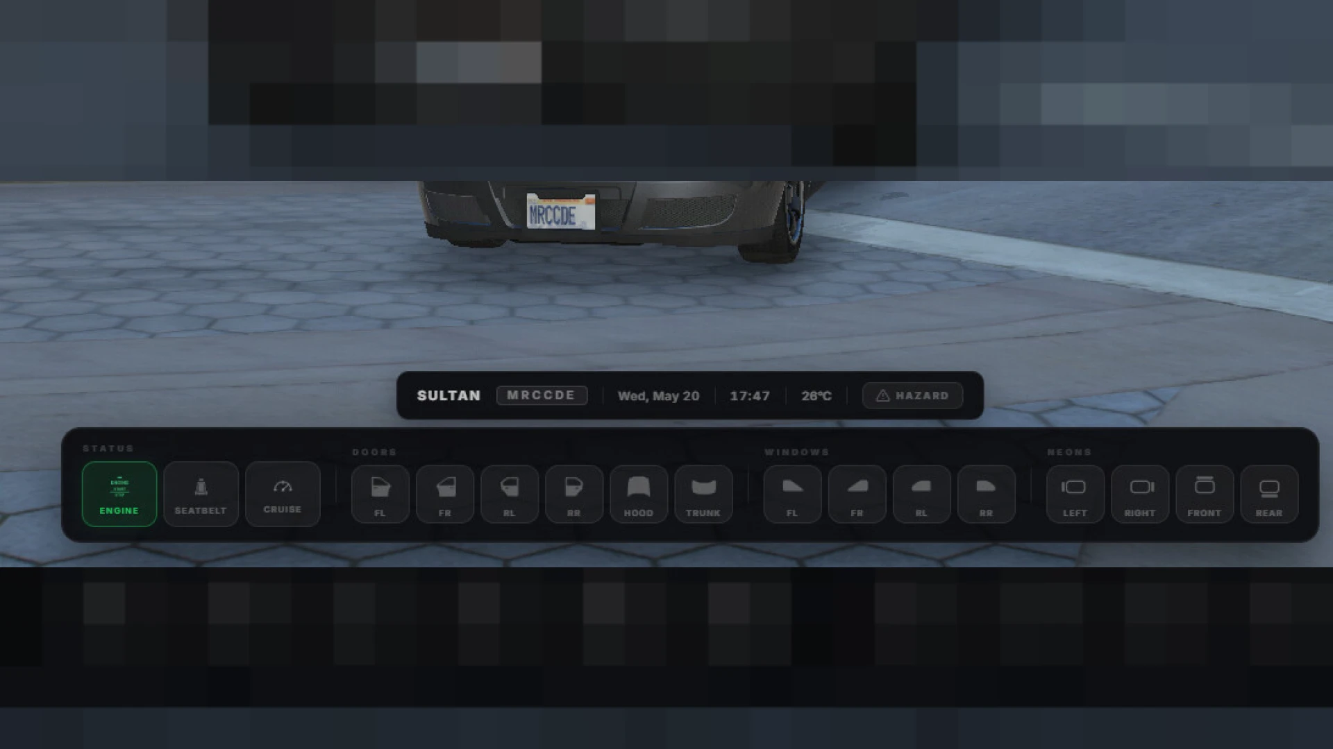 Car control menu NUI open inside a FiveM vehicle — view 2