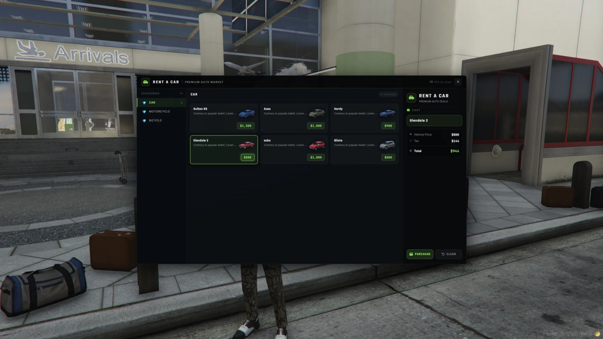 Car Rental FiveM script — renting a vehicle at a rental lot
