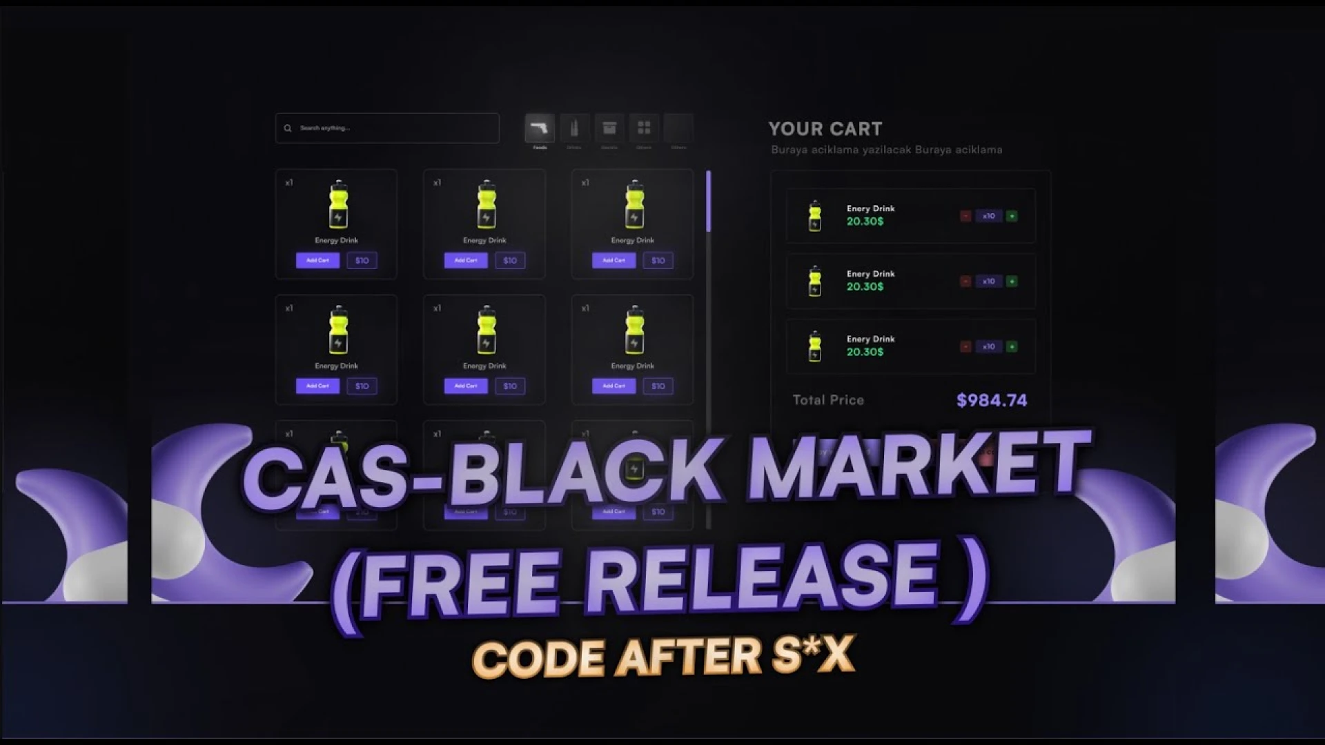 Cas blackmarket menu displaying illegal weapons for sale in a FiveM city