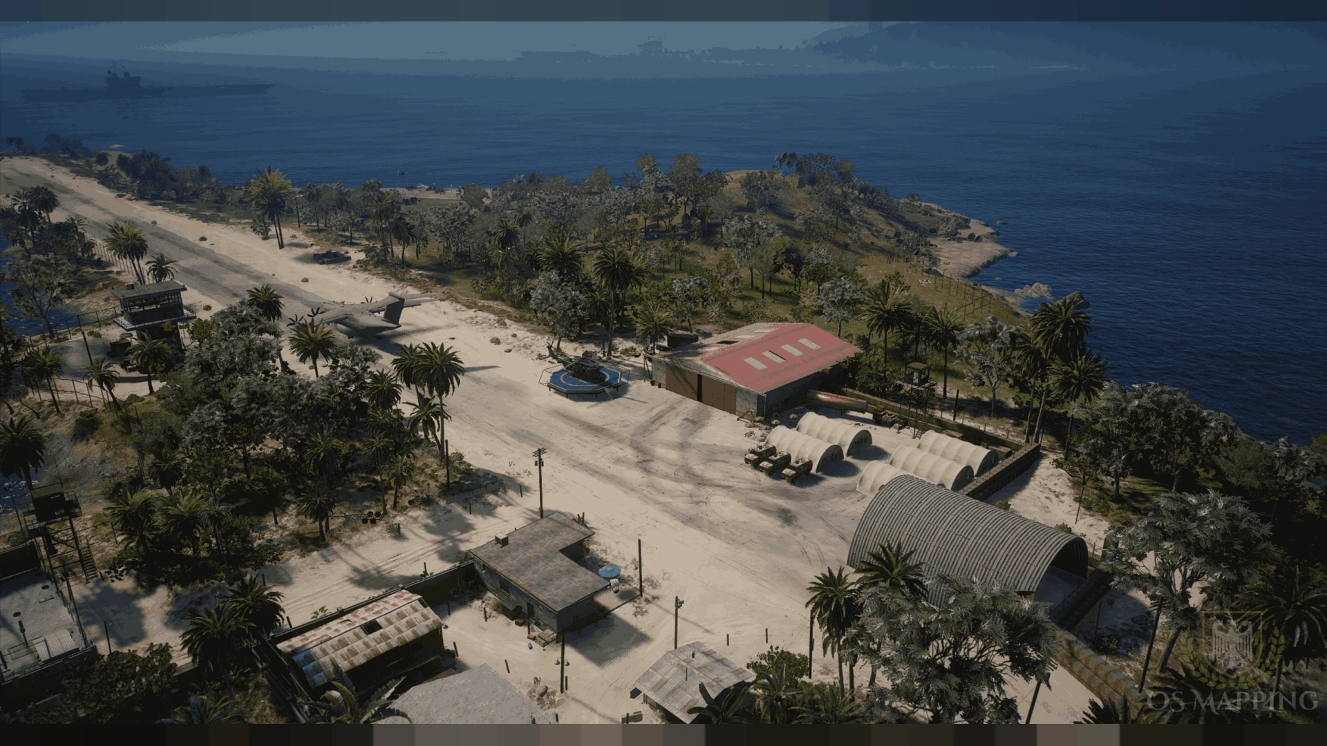 Cayo perico airport outpost with hangars and a control tower at dusk