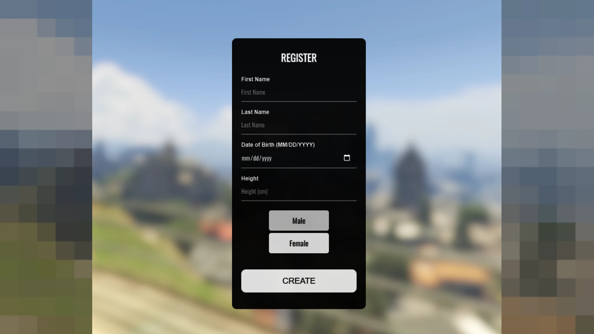 Character identity registration panel shown to a new FiveM player