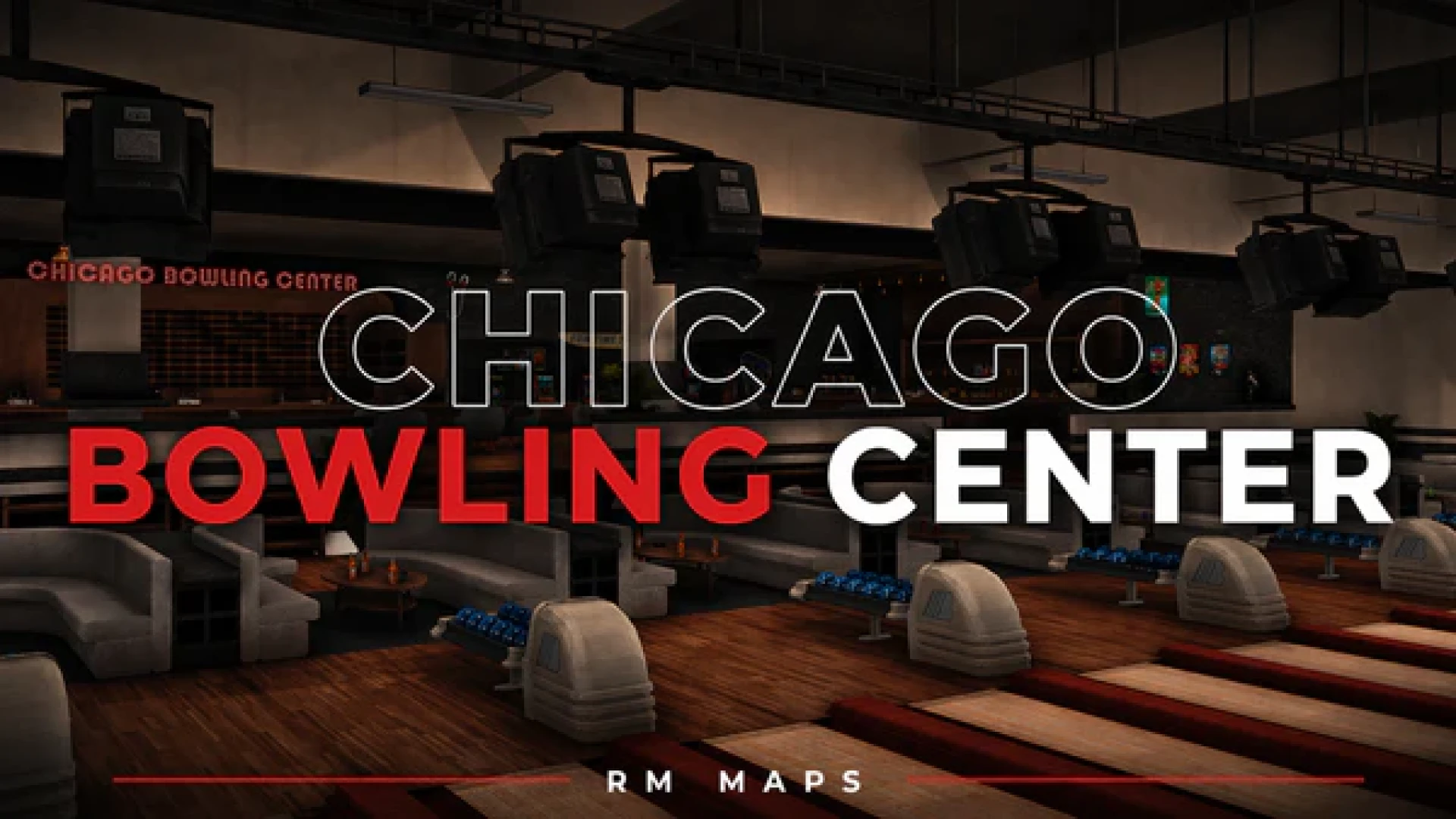 Bowling center mlo interior with lit lanes and a bar counter