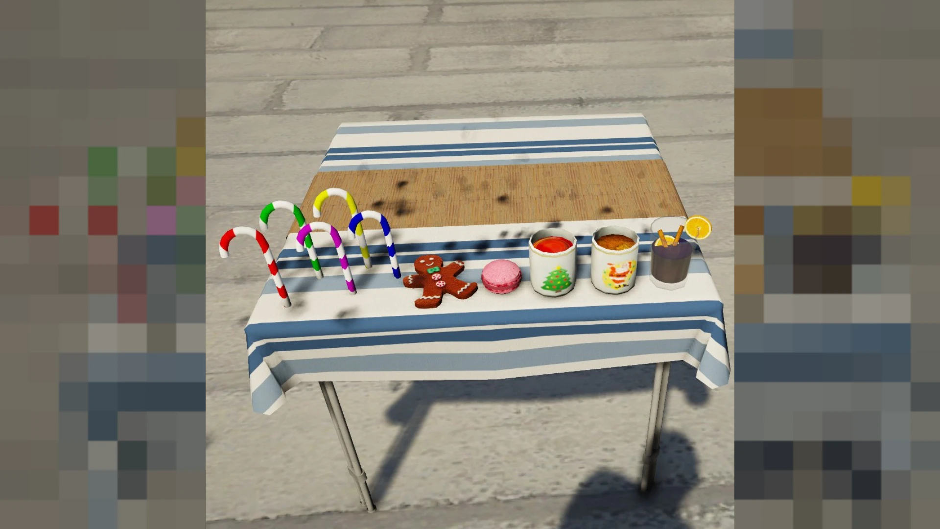 Christmas food props roasts platters and festive desserts arranged in FiveM