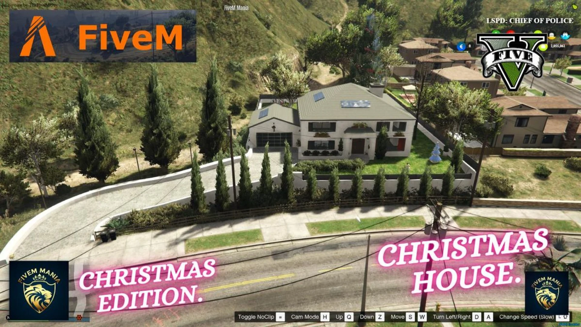 Christmas house MLO interior with a decorated tree, fireplace, and presents