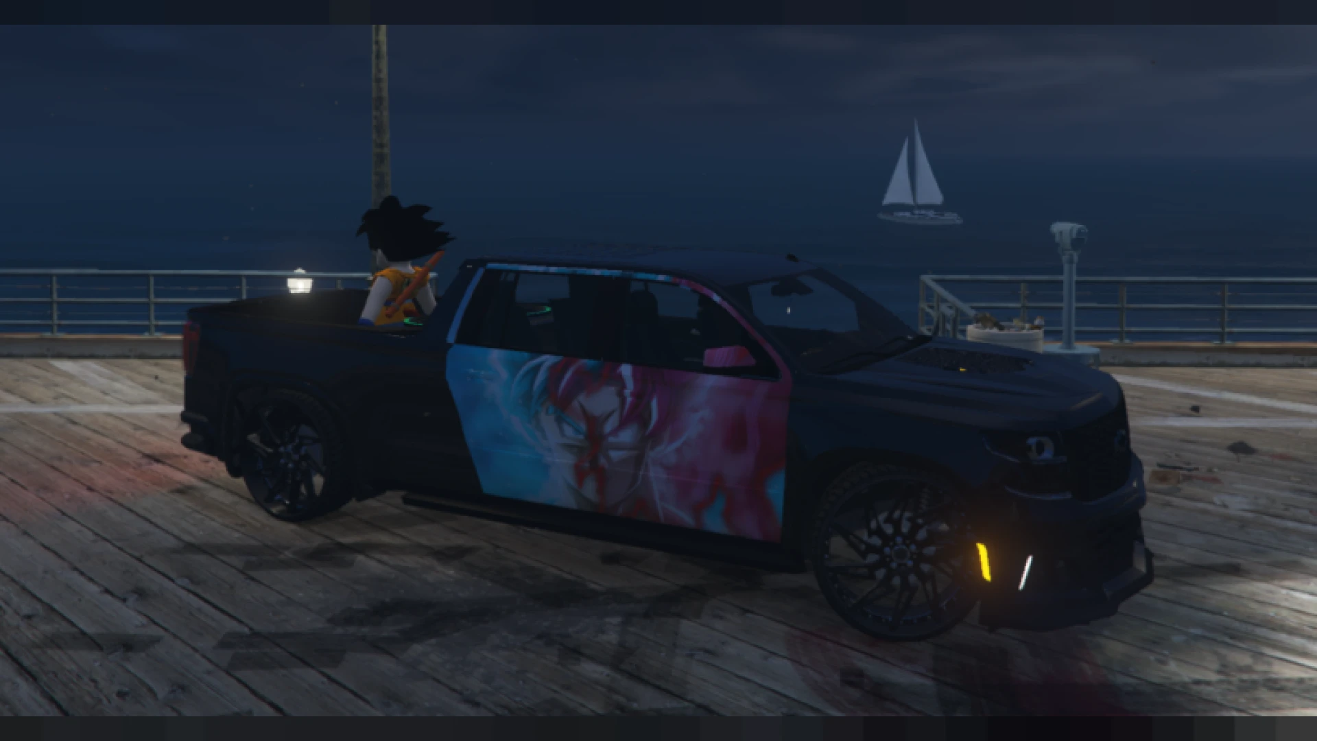 Custom Chevrolet Tahoe SUV with a DragonBall themed wrap in FiveM