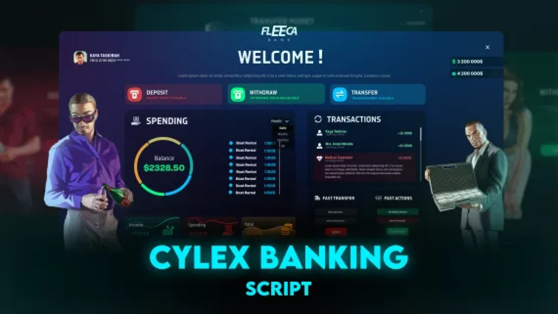 Banking system dashboard showing balance and transaction logs in FiveM