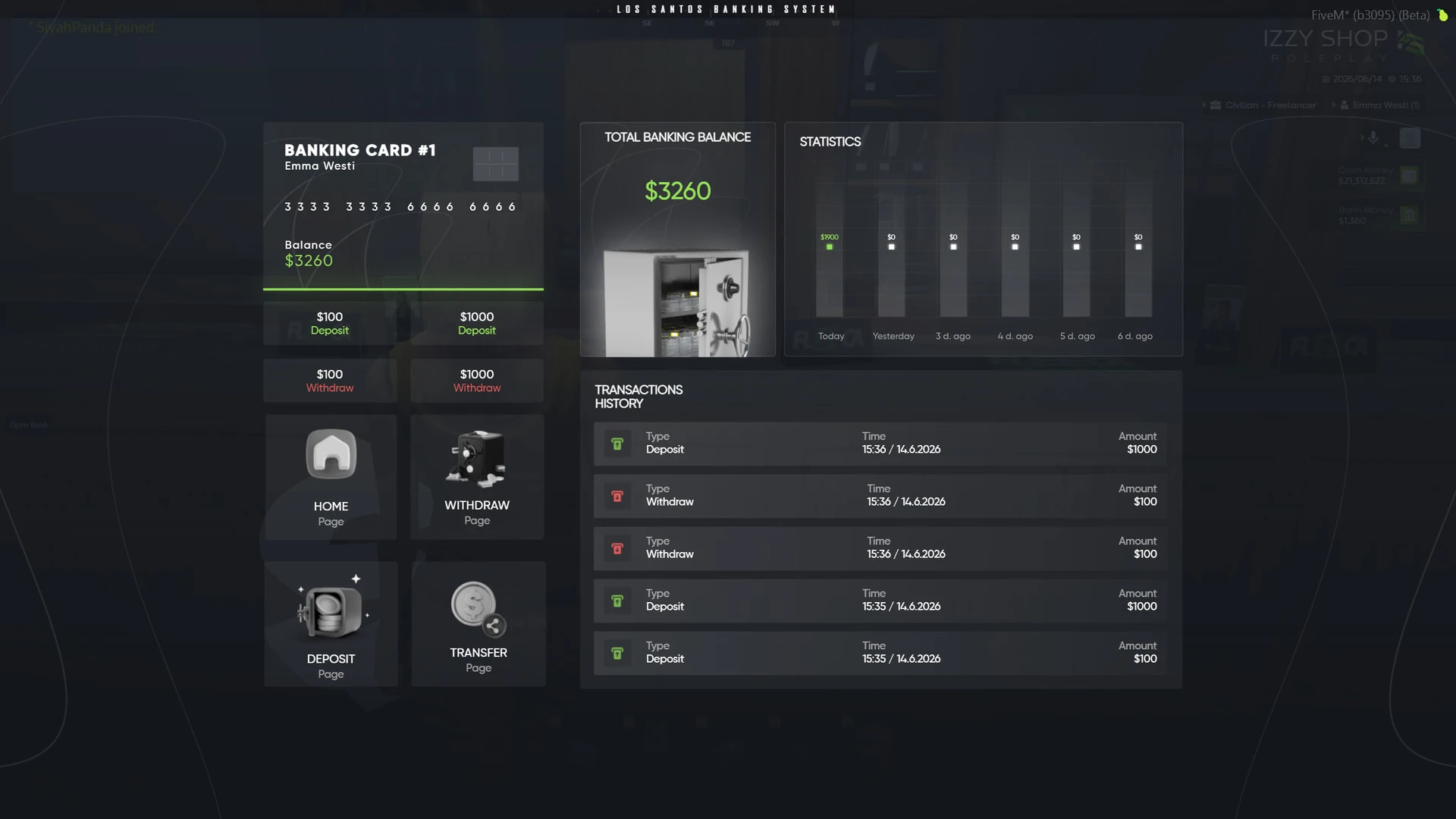 Banking script dashboard showing balance and transfer options in FiveM