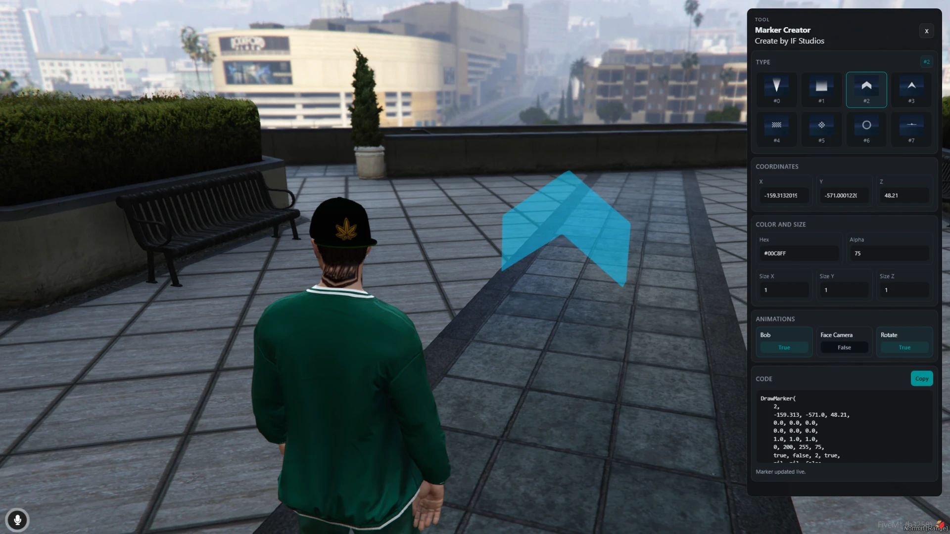 DrawMarker creator tool placing a live marker inside the game world — view 2