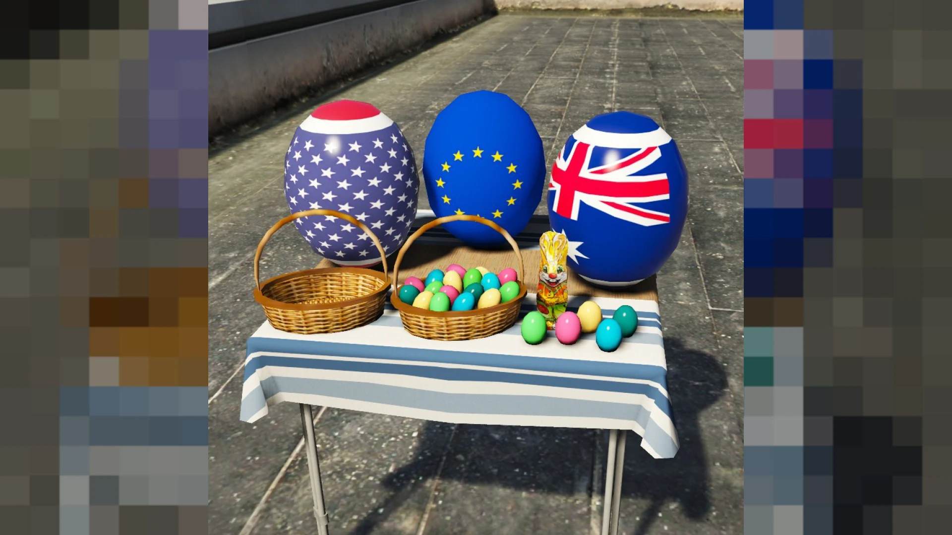 Easter egg props with colorful decorated eggs placed in FiveM