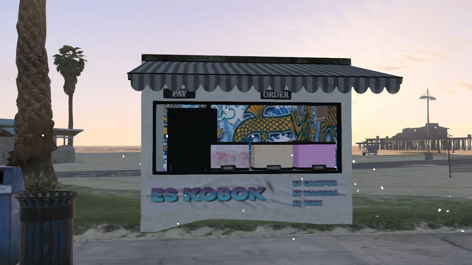 Kobok Indonesia street food eatery interior with stalls and seating in FiveM