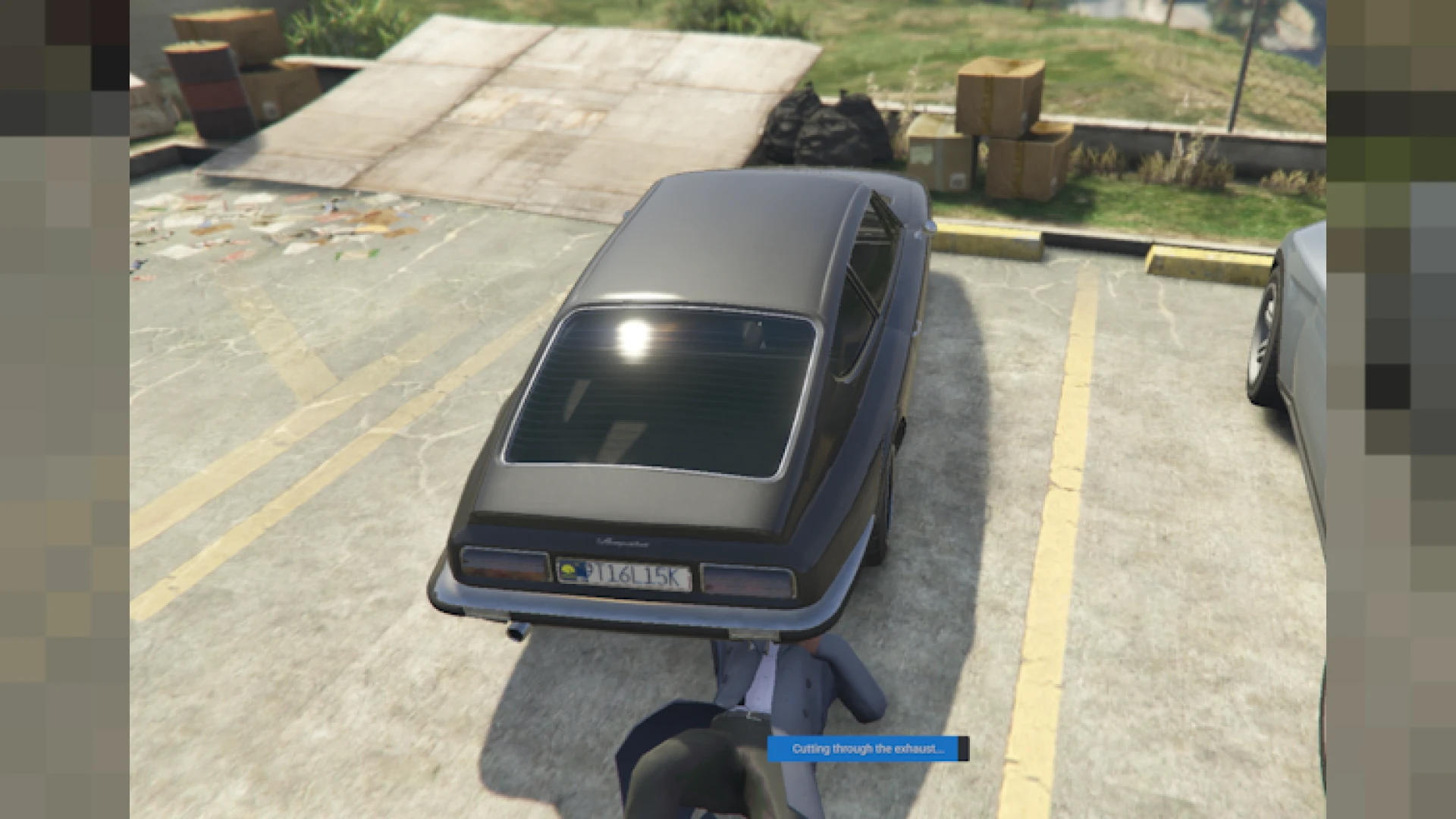 Exhaust Theft FiveM script — stealing a catalytic converter from under a car