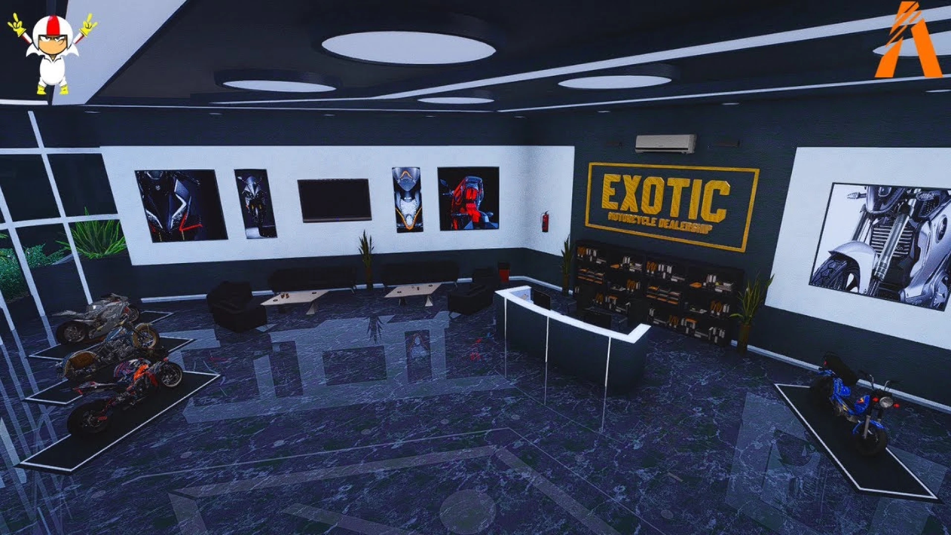 Exotic Bike Dealership MLO glass showroom with premium motorcycles
