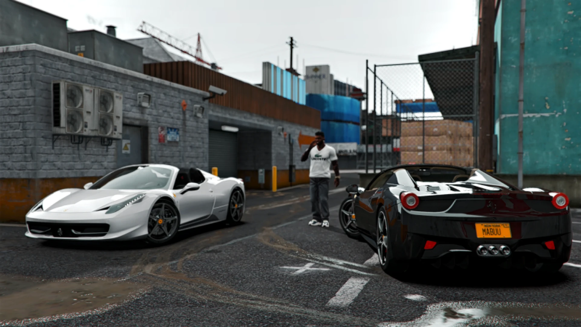 Ferrari 458 Spider convertible with roof down on a FiveM coastal road