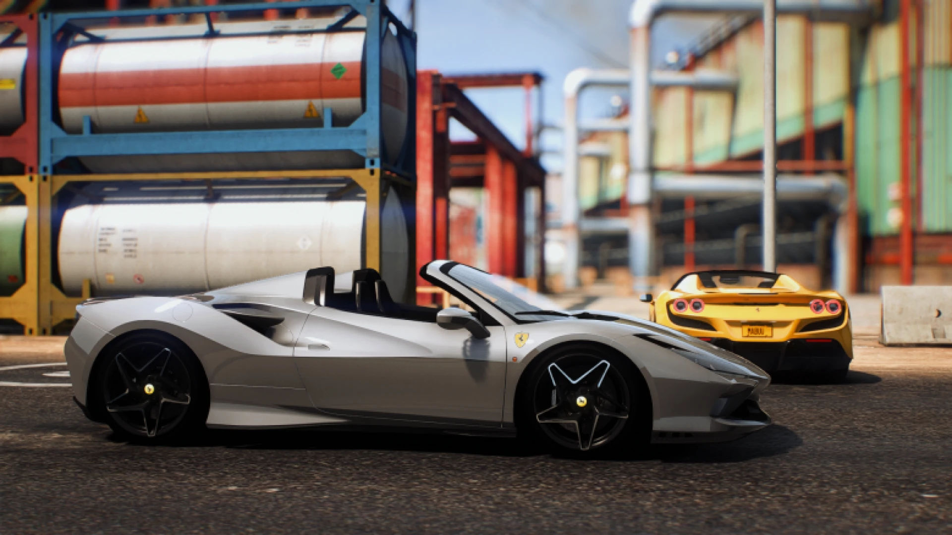 Ferrari F8 Spider convertible supercar with roof down in a FiveM city