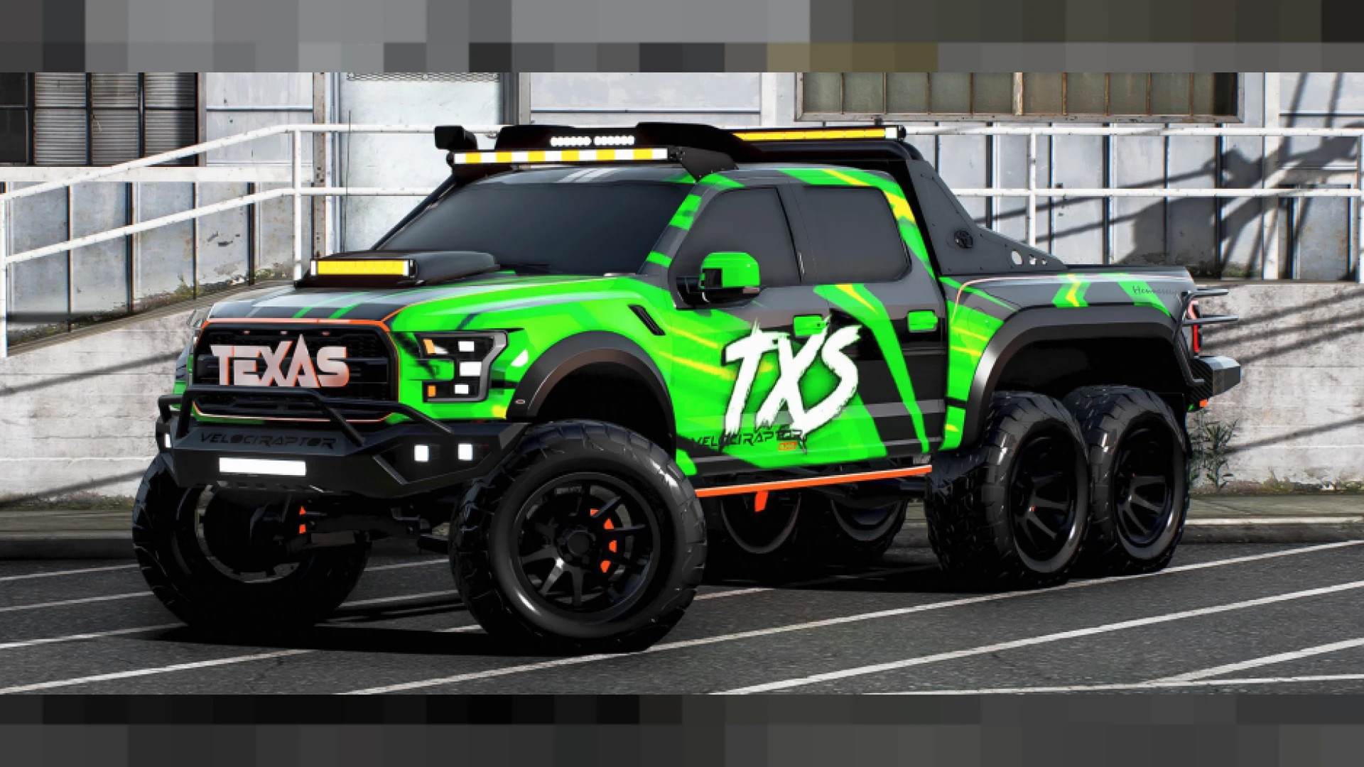 Ford F150 Velociraptor 6x6 off-road pickup on FiveM terrain
