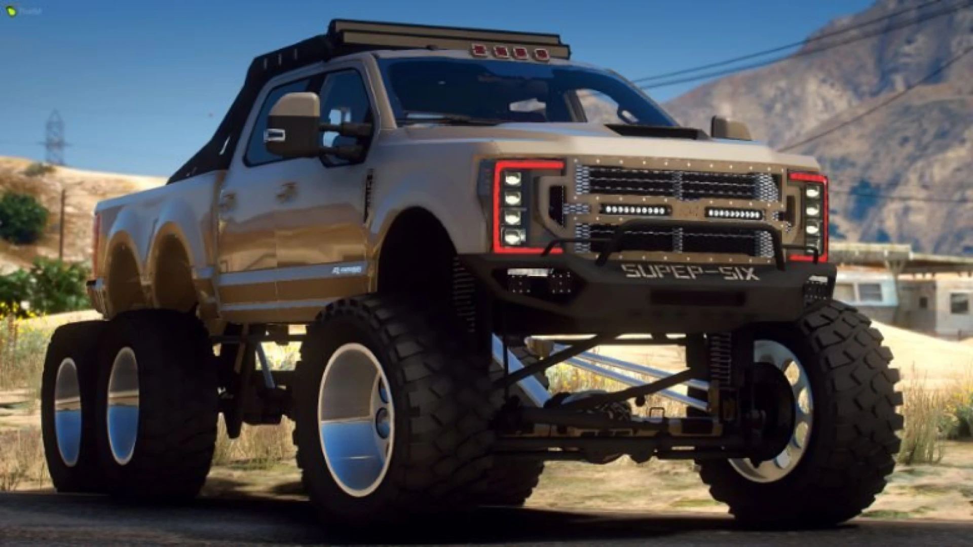 Ford F350 6X6 off-road FiveM add-on six-wheel truck on rough terrain