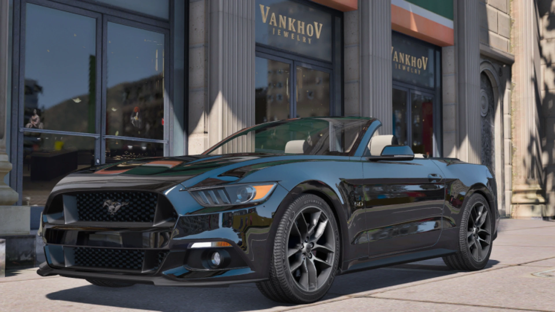 Ford Mustang GT Convertible with roof down parked on a FiveM street
