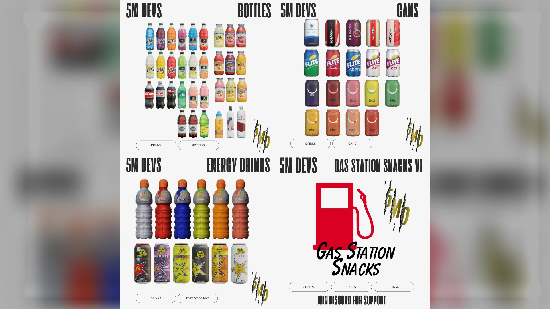 Gas station food and drinks pack for FiveM ESX — usable bottles, cans and energy drink items